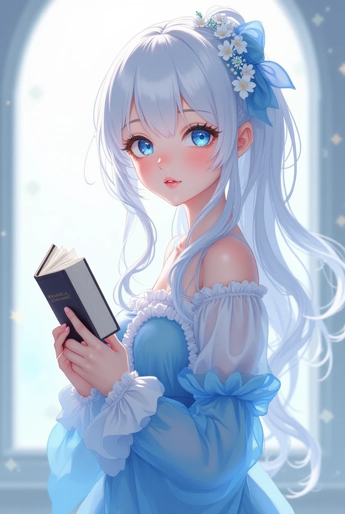He created an anime picture of a cute girl with white hair, white skin, blue eyes, wearing blue and white clothes, holding a book and looking here