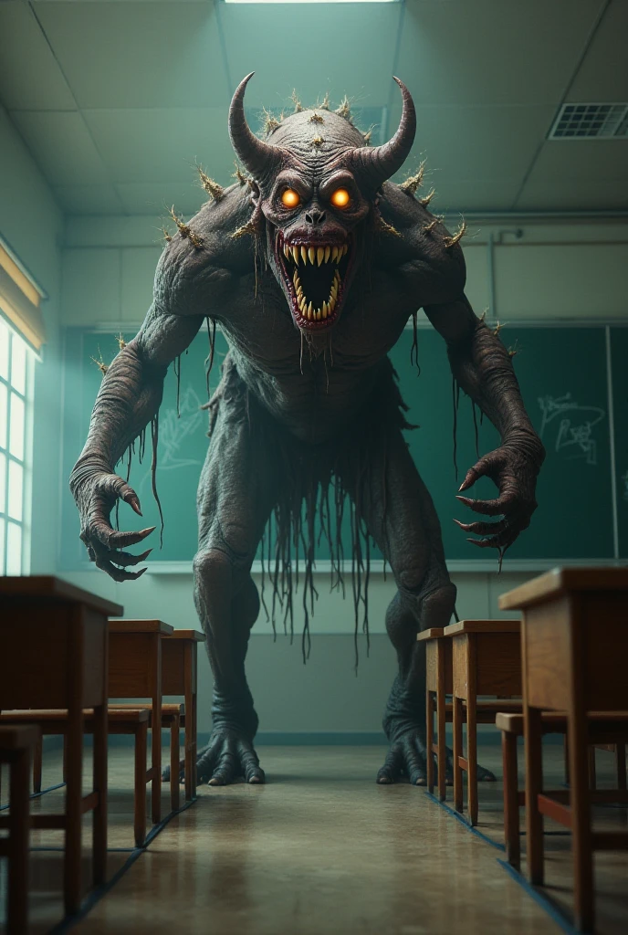 (raw photo, best quality) , (Realistic, photo-realistic: 1.4), extremely formidable general plan, masterpiece, ultra-detailed, high resolution, best illustration, best shadow, complex, depth of field, horror, old classroom empty abandoned, scary, dark, night, At night, very low lighting, the background of the classroom is in complete darkness, in the back of the classroom, in full black, we see only two bright red eyes and a smiling mouth (scary smile), with sharp and sharp teeth, the rest of the body is not seen, the rest of the body is not visible because it is in the dark, Photorealist style 8k, DSLR, high quality, (film grain: 1.4), Fujifilm XT3,