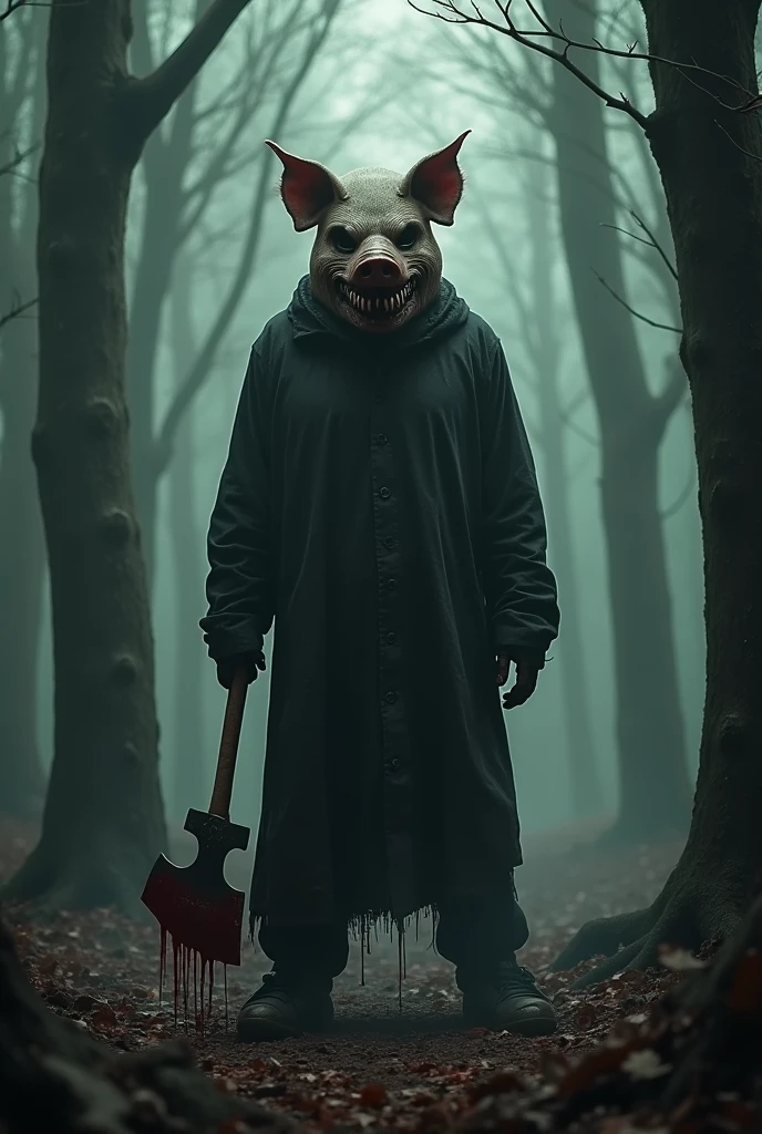 lizoldBS_soul3142, 1 male, furry White bloody rabbit mask with creepy smile and yellow bloody teeth, completely Black torn hoodie, sitting on the big pile of human bodies in the woods at night, moon light, detailed, masterpiece, best quality, dramatic lighting, full body, torn Black pants, blood stains, holding ritual knife in the right hand, massacre in the background, horror