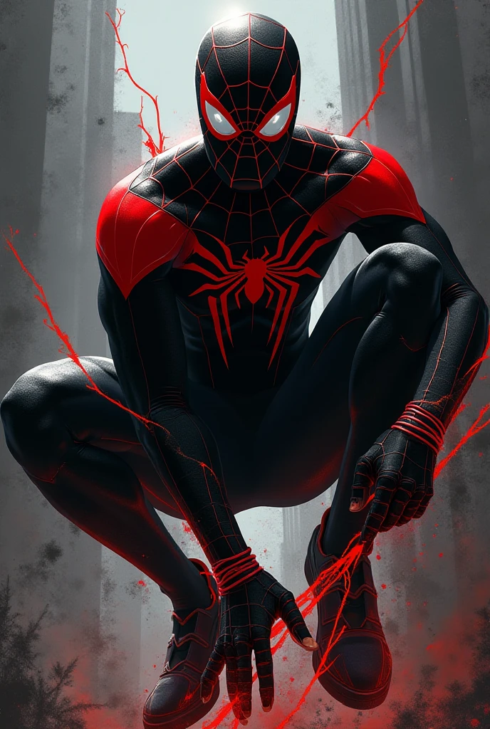 gloomy portrait of Bloody Spider-Man from Marvel with intricate angular cybernetic implants inside a brutalist building, gothic brutalist cathedral, cyberpunk, award-winning photo, bokeh, neon lights, cybernetic limb