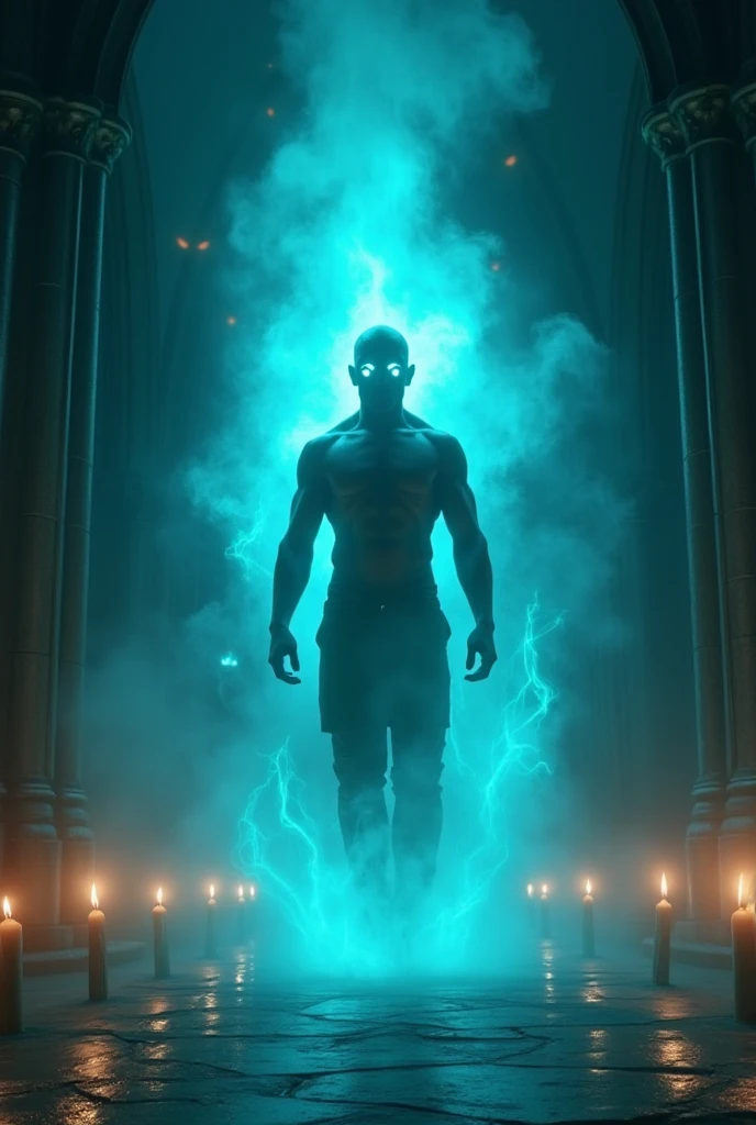 A masculine man in his 40s, slightly alien-like, with a naked blue body, in an abandoned church with lots of sun around him, and he'll be magnificent.
