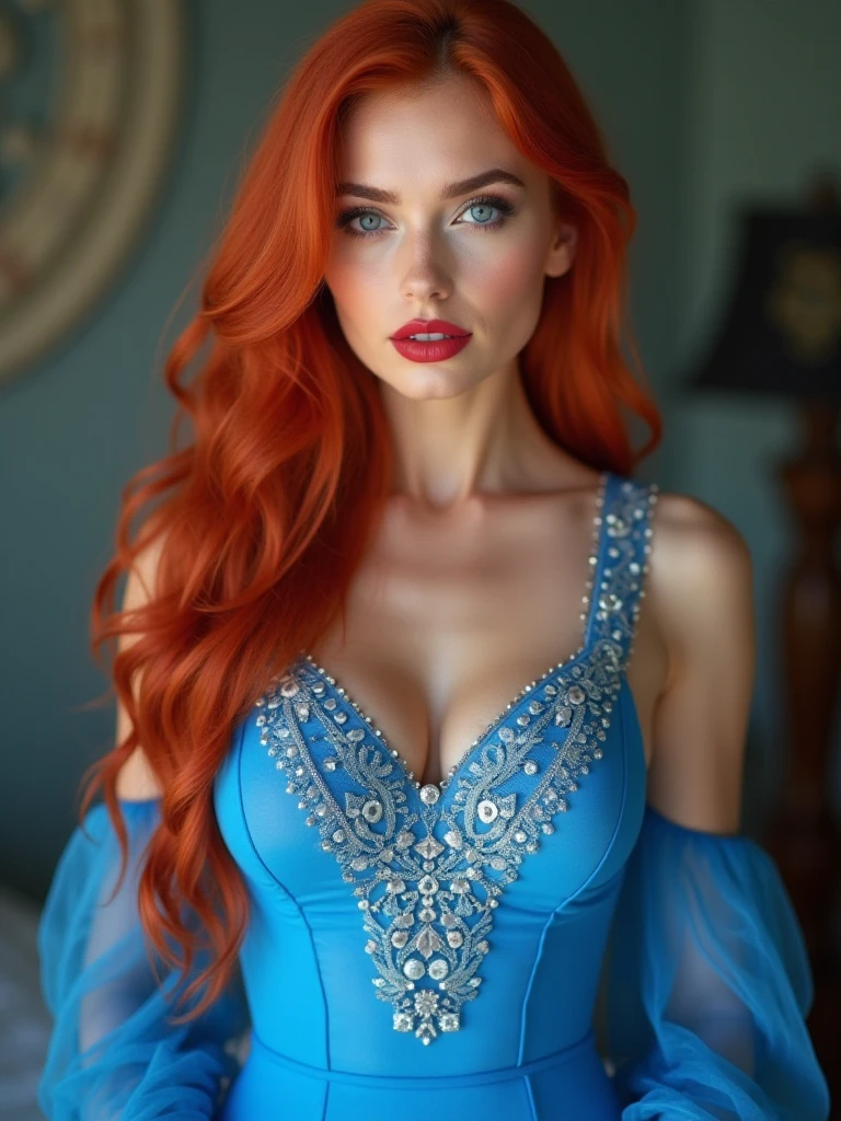 Beautiful, 25 year old European woman, goddess, (red hair), long hair, curly hair, perfect face, freckle spotted face, sharp jawline, (sharp features), thousands of (freckles), smiling, (cheerful), happy, blue eyes, perfect eyes, perfect breasts, skinny, (uniform hands), normal hands, (complex intricate maroon flowing dress gold embroidery), library, books, large windows, subject is well lighted, (cinematic lighting), (realistic), (high quality), (detailed), (8k ultra hd), 1 person
