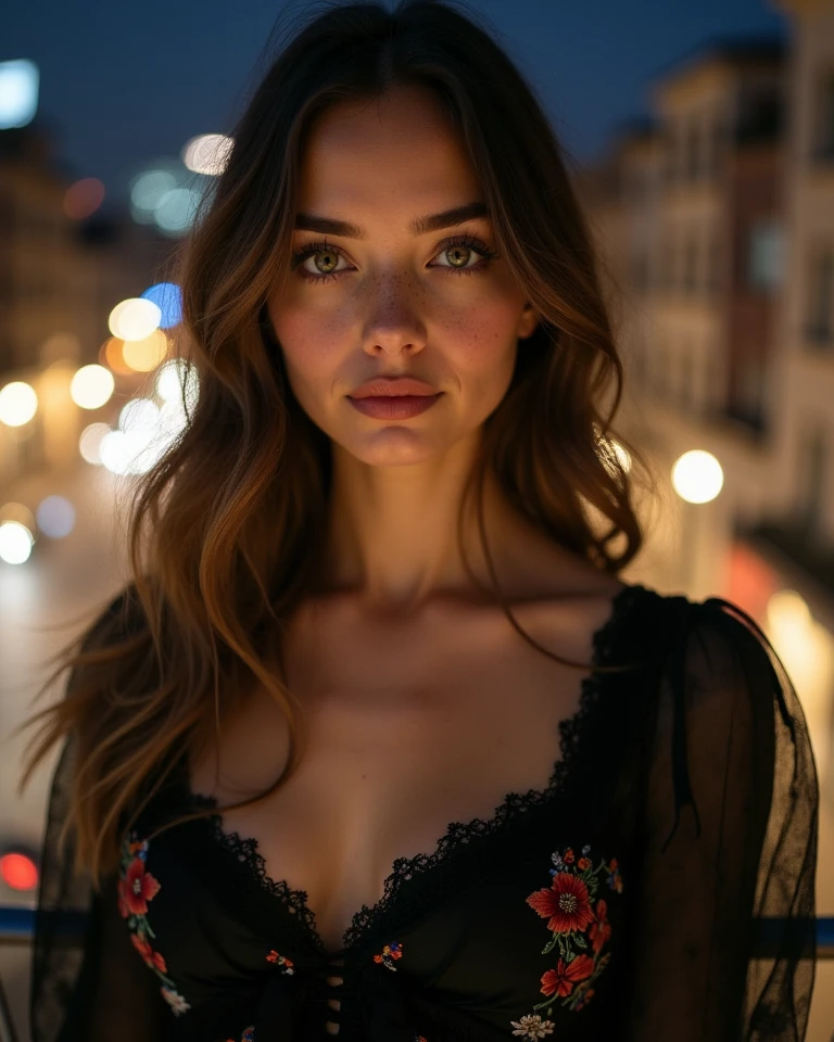 Photo Instagram, photo de visage en gros plan d'A young French woman in a dress, CySterre_v1, beau visage, Makeup, Rue de la ville de nuit, Bokeh, Flou de mouvement, Yeux verts, Seins de taille 90D, pas de nu