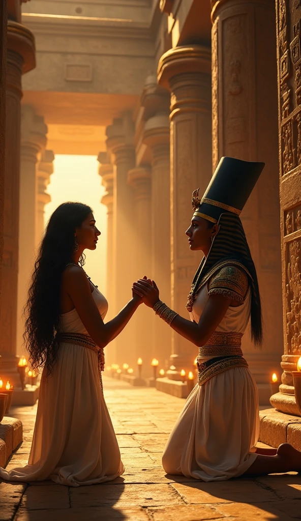 A servant woman picks up a fallen comb in front of the daughter of Pharaoh, set against the backdrop of an ancient Egyptian palace. The scene should be depicted with detailed and realistic elements, capturing the grandeur of the Egyptian royal setting. Use dramatic and cinematic lighting to enhance the atmosphere, with hyper detail and 8k resolution for an ultra sharp and UHD quality image.
