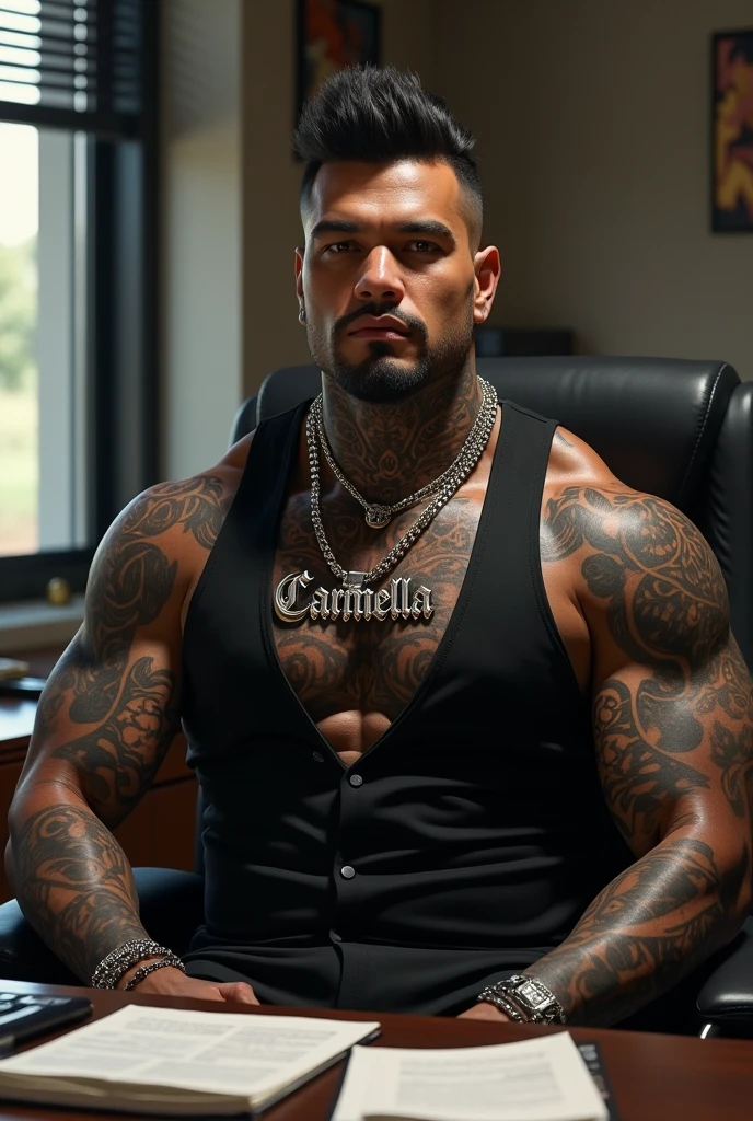 Create a hyper detailed photograph of a tattooed muscular young sexy kaiju, Stunningly perfect gorgeous face, perfect makeup, detailed vibrant eyes, long hair, big beautiful muscular legs, big beautiful muscular arms, big back muscles, perfect body, muscular abs, detailed smooth skin, big breast, big muscular ass, black