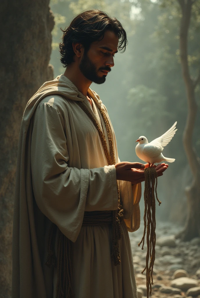 A male Stoic philosopher, around 2, with a well-proportioned and attractive physique, slightly tanned skin, and a short, well-trimmed beard, stands in a serene environment. He is wearing classic tunics in soft earthy tones—gray and olive green—with subtle gold or copper details, draping gently over his body and subtly revealing one shoulder. In the image, the philosopher holds a small dove, symbolizing peace, which he releases with a calm and intentional gesture, representing the act of letting go of resentment. His gaze is focused ahead, toward a clear and harmonious path, symbolizing the choice to avoid disruptions in his life. The background is peaceful, with soft light illuminating both the philosopher and the dove, emphasizing the moment of inner peace.