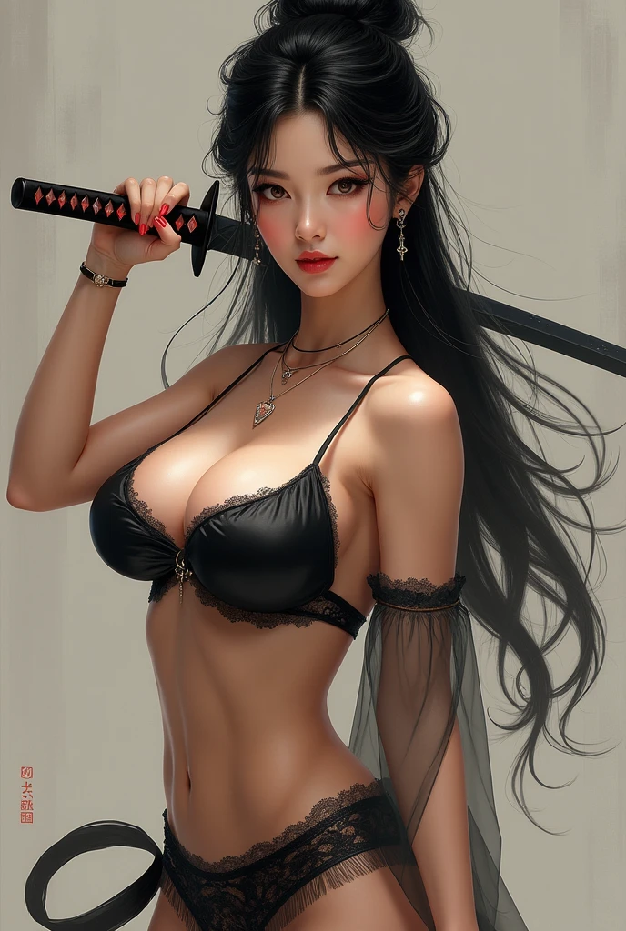 Create a picture of a woman, Long hair, busty, chinese, Nice, naked, picture from the front, scabbard