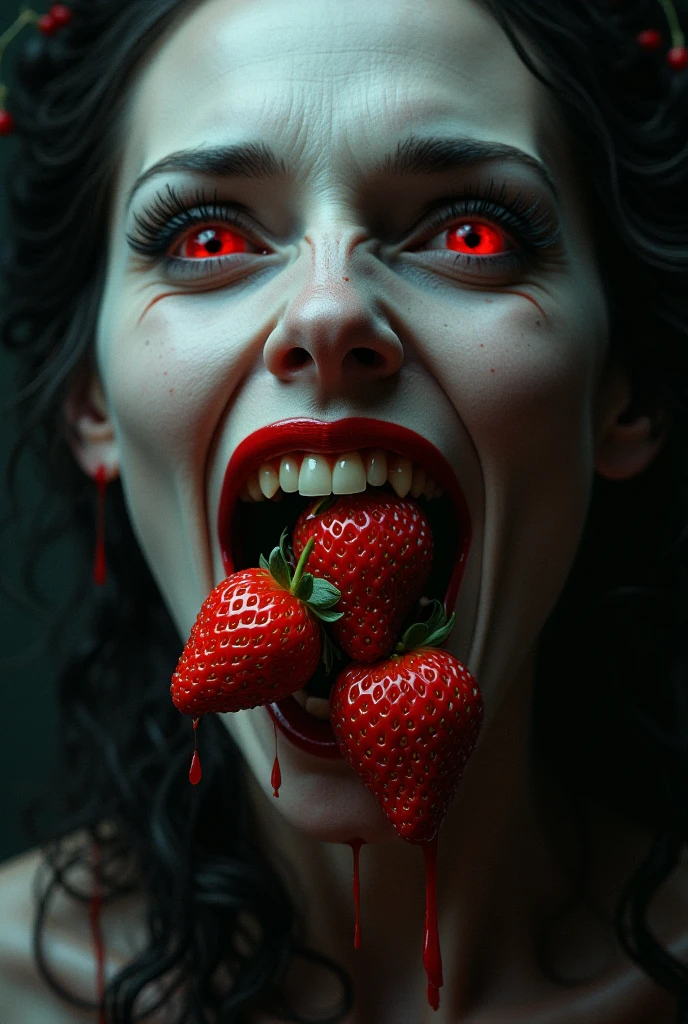 A masterpiece Zombie Strawberry. Cinematic, terror, horror, Blood, girl eating strawberries, 4k, realistic
