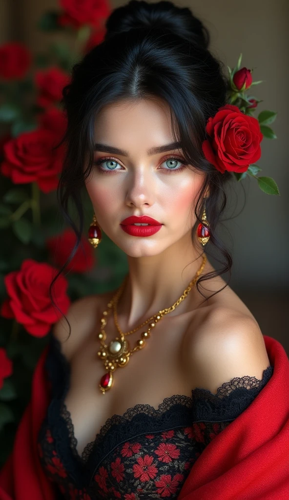 Create a beautiful woman, green eyes, detailed eyelashes and eyebrows, red mouth, glow on face, long black curly hair tied on one side of head, tiara, jewelry ornament, wearing red floral black dress,(((full body ))) Victorian style with gold thread lace, lace choker with jewels, legs with black lace stockings, high heel shoes, red soles, in intricate rococo style designs, with golden thread applications,(((full body ))), studio background, flowers, light falling on the hair, in the highest quality.