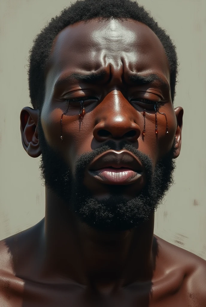Young skinny black man crying with many tears