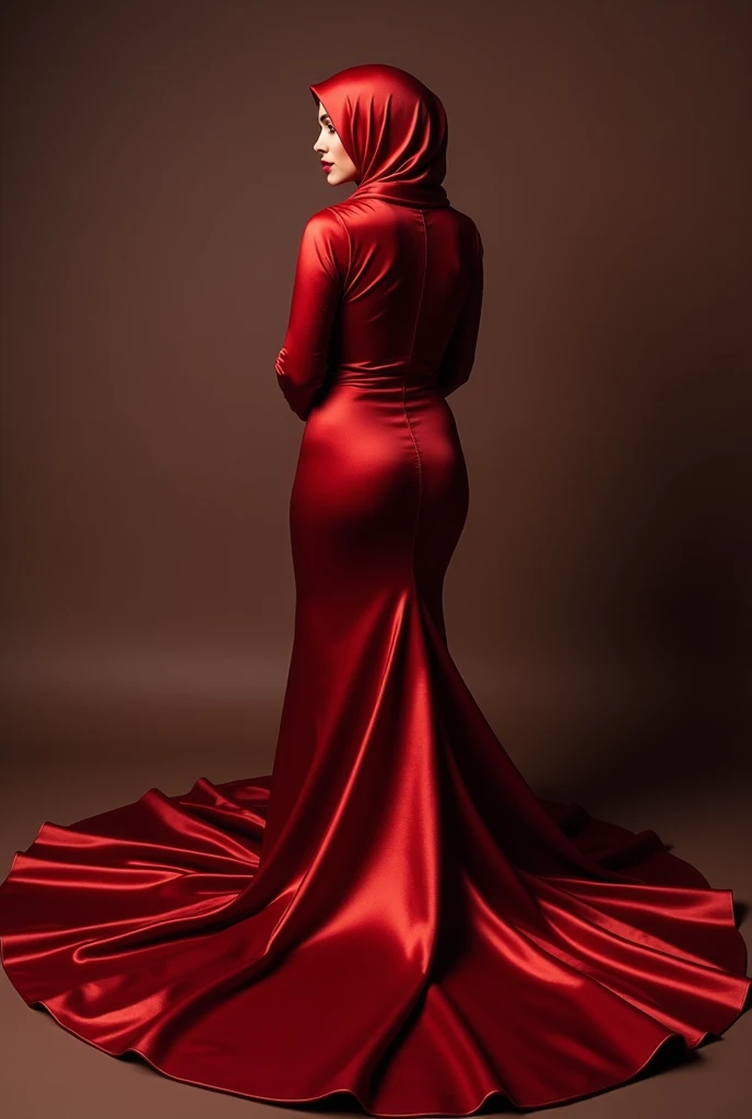 a woman covered in red satin cloth, mummified in satin, tied tight in satin, shape like mermaid gown, tight in leg, wearing a satin hijab, the satin is very long, forming the curve of the body,dramatic flowy satin,strugle to move,full body, wear high heel, strugle to walk, masterpice, flowy satin blow by wind,4k resolution, ultra-realistic, highly detail, great lightning.
