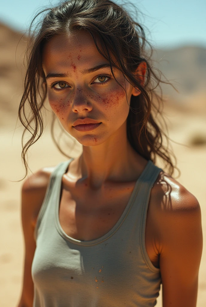 A stunning intricate full color portrait of a woman, wearing ripped clothes, mad max movie set, dirty face, happy, epic character composition,by ilya kuvshinov, alessio albi, nina masic,sharp focus, natural lighting, subsurface scattering, f2, 35mm, film grain, full body in the picture