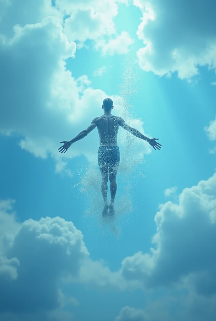 3D view, huge blue lake surface, a white skinned male suspended in meditation on the water surface, with ripples under his feet, perfect figure, handsome face, perfect abdominal muscles, perfect muscle curves, a handsome male dressed in Hanfu Xianfeng Daogu