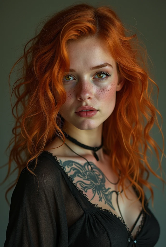 Upper body of a gothic girl, wearing black, ginger hair with bangs, long hair, storm clouds, whimsical charm, ethereal glow, (freckles on face), tack sharp focus on eyes, medium breast, (naked breast),(natural breast), teardrop breasts, unblemished skin, pore correlation, (((tattoos))), necklace,collar,chain, hyperdetailed,epiCRealism, vibrant color,amazing quality, masterpiece, best quality, hyper detailed, ultra realistic lighting, UHD, soft shadows, high Dynamic,alluring, seductive, dark dreams, from side,SkinHairDetail,posing