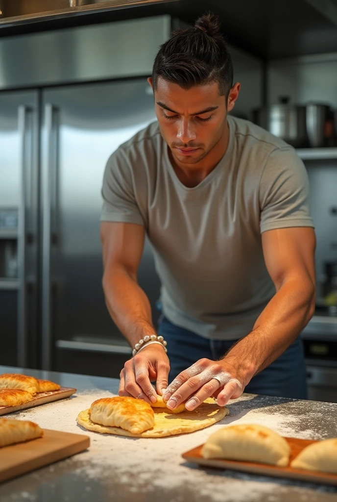 Real image of a latin model man with short black hair athletic body, short beard, shirtless, pants, kneading a dough on a table with flour in a kitchen with a large window. natural daylight.