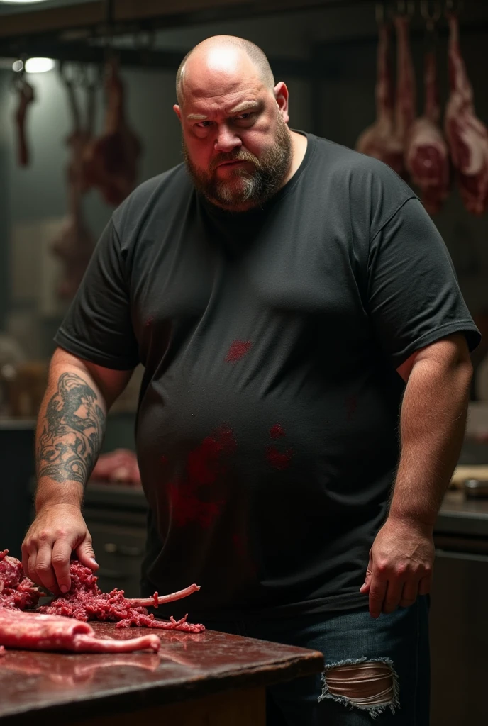 Ultrarealistic photography,  terror, Obese butcher with a saw in perspective, you see a lot of blood