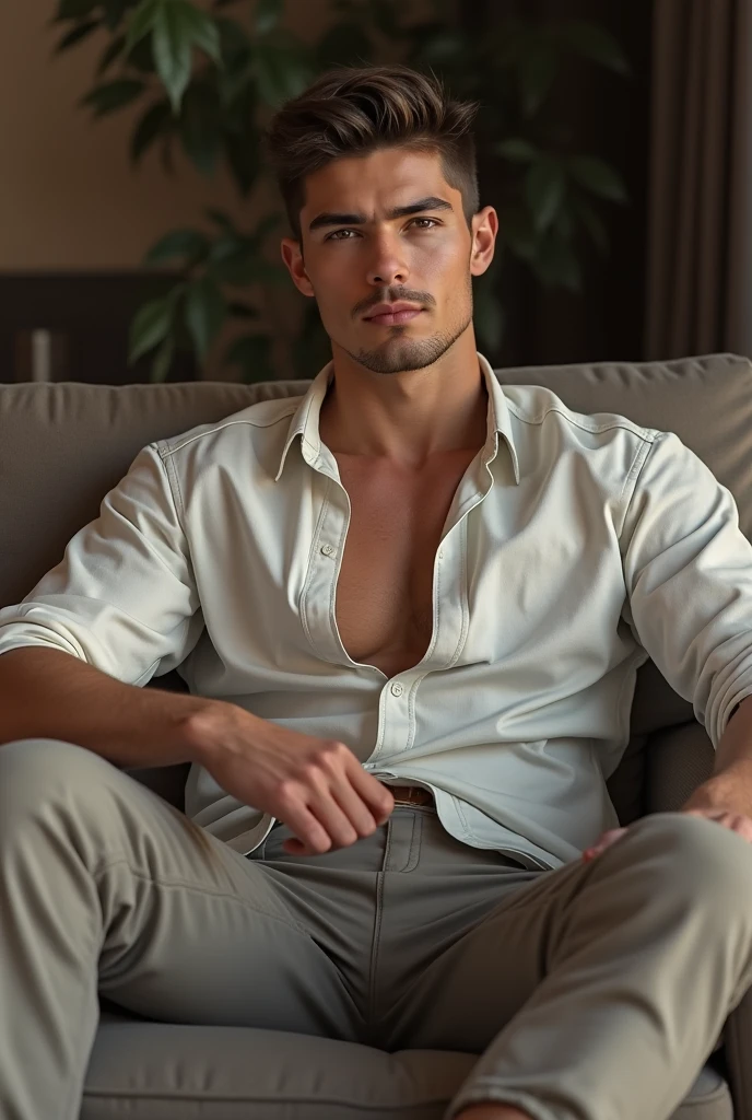Real image of a Turkish model man with short black hair athletic body, shady beard cut, shirtless, wearing a white boxer. Sitting with a cup of coffee in hand looking out the window.