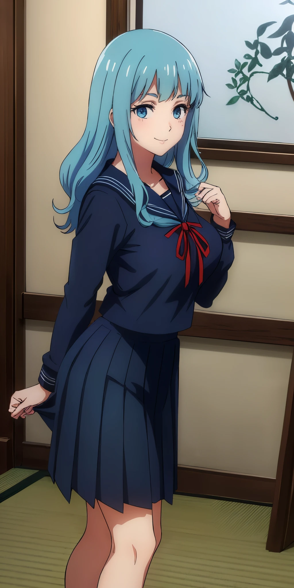 Young woman drawn in 80’s anime art style. 
Retro anime. Vintage Anime. Classical Anime. 

She has long and wavy blue hair, green eyes, full lips, and a beauty mark located under the right side of her mouth. She is well known for her curvaceous figure of which her most distinctive trait is her very large breasts. She has a sinister smile.
Meanwhile she is also visiting a High School!

She is wearing a sailor fuku (セーラー服, sērā fuku, sailor outfit) is a common japanese style of uniform worn by women, traditionally by high school female students. 

The uniform generally consists of a sailor-styled blouse attached with a (Navy blue sailor-style collar) and a Dark Navy Blue Sailor Blouse. The length of the long skirt goes down past her ankle.

A ribbon is tied in the front and laced through a loop attached to the sailor blouse. The color is the ribbon is red. (RED RIBBON)

(Dark Navy Blue Sailor Shirt)
(Dark Navy Pleated Skirt)

(High School)
