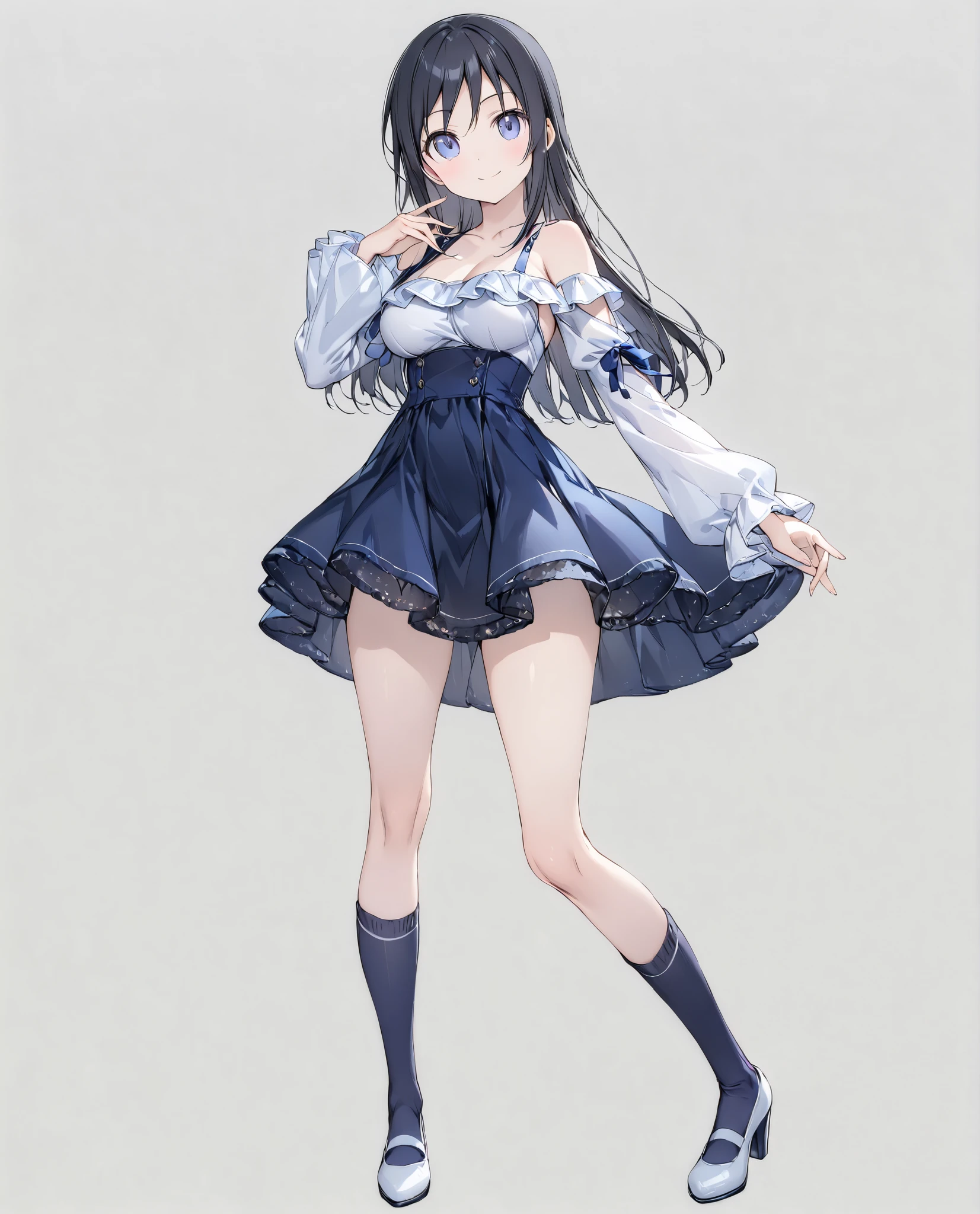 ( in the seat),( alone),
masterpiece、 high quality 、 high resolution、
grey background、
( head to toe:1.5、 full body view:1.5)、In the center:1.2、
Ayase Aragaki, long hair, blue eyes, black hair,
( very beautiful:0.9)、( very cute :0.9)、
(round face)、(Brighten Your Face:0.7)、(Very Detailed Face)、(round face)、
( Detailed face:0.7)、(high nose:1.0)、(smile)、
Round Breasts、
thin legs 、 slender figure、 perfect five fingers 、
( white skin)、 smooth skin 、
break
( White Off Shoulder Top with Ruffle Sleeves )、
dark blue miniskirt 、Blue knee-high socks 、
White pumps、
Detailed clothing、
bright color、Delicate fabric、
viewers,
Slight Body ,
Medium Boobs,
petite height,
( alone Focus:1.0),
( are standing:1.5),
( enchanting pose :0.2),
( full body shot :1.5),
( from the front :0.7),
( no background),