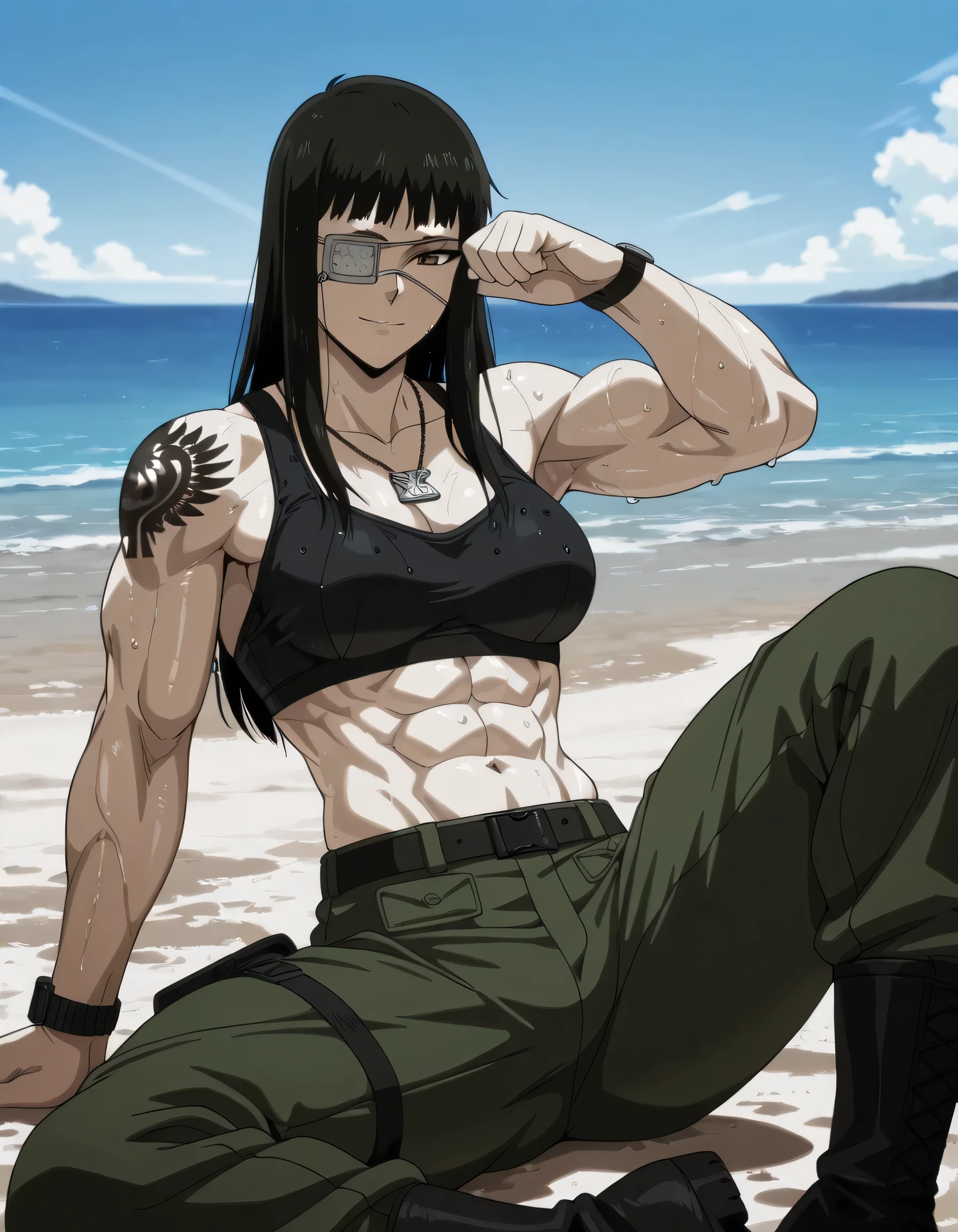 1girl,solo,,mature female,black hair,eyepatch,brown eyes,medium breasts,anime coloring,long hair,
muscular,black tight sport bra and green trousers with belt,cowboy shot, , wet,beach, tattoo,
,masterpiece,best quality,amazing quality,,muscles and,muscles lines,muscles big size,pelvis muscles,strength muscles looking,dynamic air,Valmet handsome face,Shining abs and shoulders,six-pack,iron muscles,Bulge between legs indicates non erect penis in trousers, sporting attractiveness sexual attractiveness,sitting ,choza sitting ,sexual muscles,light smile,leg laying,hand in own leg, wearing military black boots,Valmet wearing Equipment packages in her trouser,wristwatch,military chains necklace,Valmet raises one hand up,armpit appear,, serratus anterior muscles,Qblique muscles,detailed muscles lines
