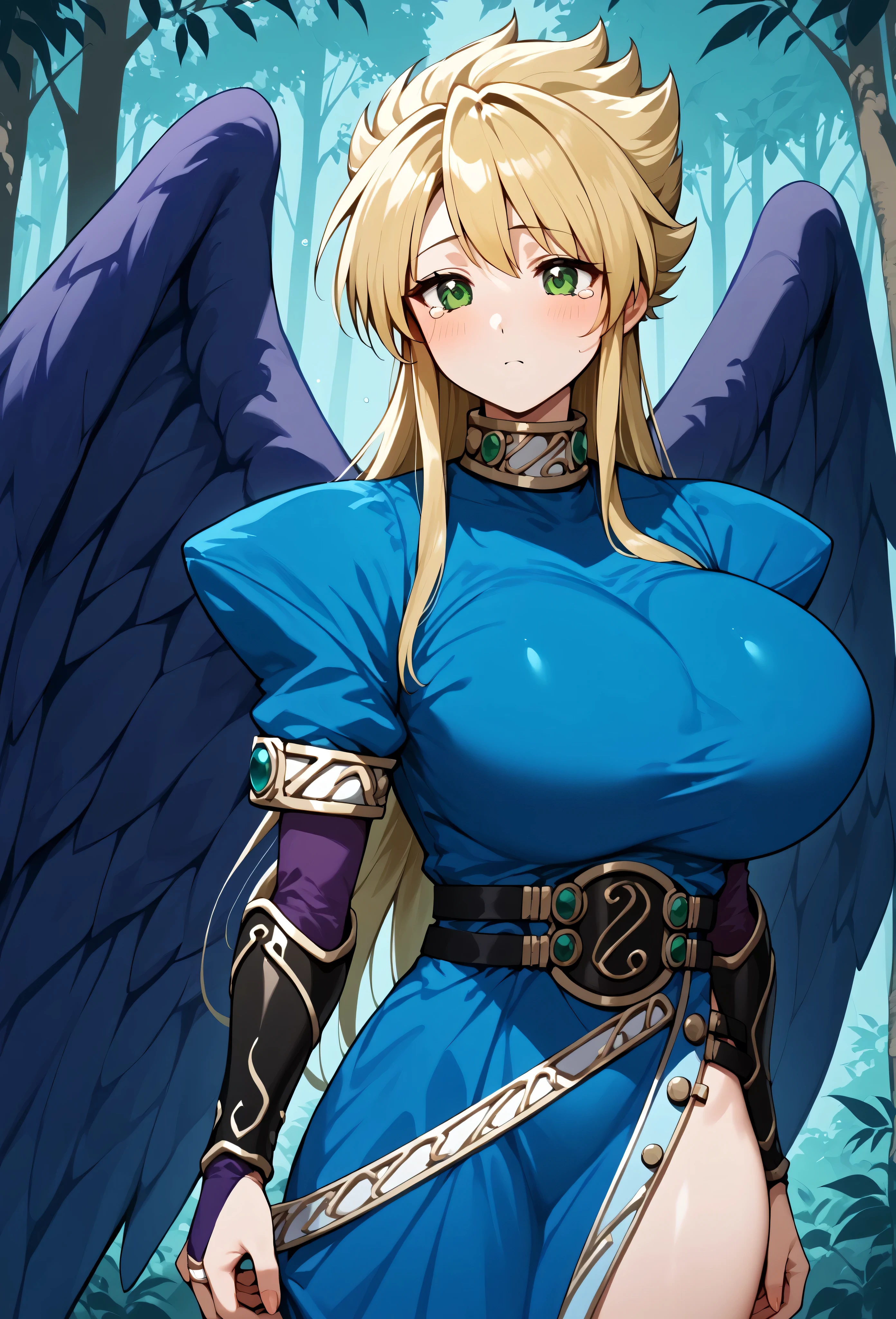 woman in her 20s、1 person、Angelic、There are large white wings on the back、Has 6 wings、Swan wings、With a round face、round chin、Close-up of a woman in armor holding a sword, Armor girl, female knight, big and full breasts、full armor, full armor, gorgeous female paladin, female knight, of a Beautiful female knight, Beautiful armor, Plump、thick waist、wide waist、full armor, armor、Gorgeous full-body armor, Amazing armor, Trending on Art Station Pixiv, Beautiful female knight、has a large sword、Great Sword of Steel、happy look、looking here、Look at me、Lakeside、white military flags lined up, There is a large army behind us far away.、With forest and mountains in the background、black string、Black pattern,kurapika, bob hair, blonde hair, (long tits:1.1), (huge tits:1.1), (saggy tits:1.2), (BIG ASS:1.2)