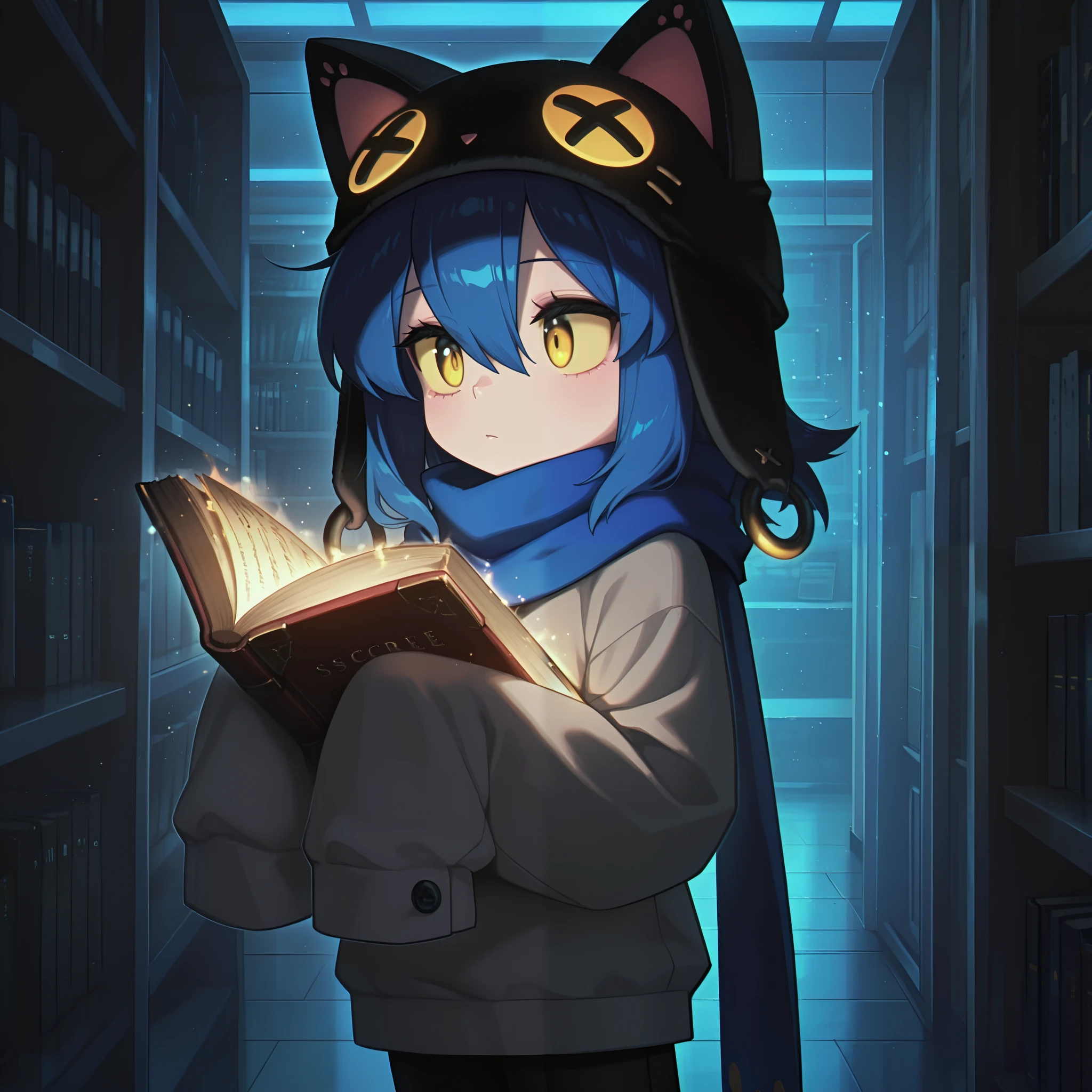 masterpiece, best quality, amazing quality, very aesthetic, high resolution, ultra-detailed, absurdres, newest, Anime screencap, highly detailed, high quality, hyper-Detailed, mistico_IL. BREAK. 1girl, scarf, blue scarf, blue hair, androgynous, sleeves past wrists, solo, other focus, glowing, sleeves past fingers, holding, animal ears, long sleeves, book, holding book, cat hat, animal hat, hair between eyes, pants, closed mouth, hat, colored sclera, oversized clothes, yellow eyes, fake animal ears, cat ears, yellow sclera