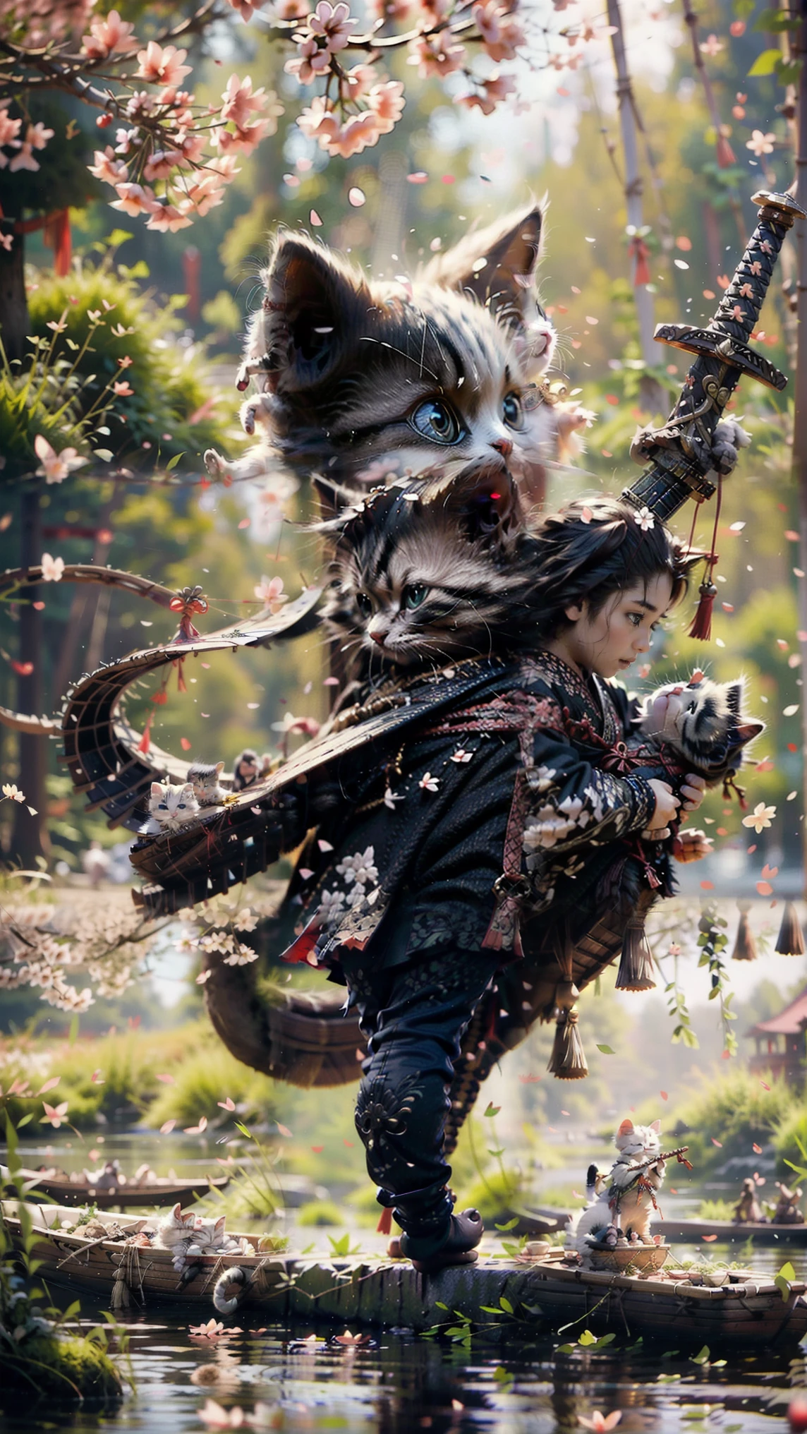 Best quality, masterpiece, ultra high res, raw photo, beautiful and aesthetic,deep shadow, dark theme,(photorealistic:1.4),
White kitten, Hanfu, Chinese calligraphy, chinese clothes, holding weapon, holding sword, sakura,
Graceful poise, evocative atmosphere, magnetic presence, refined seduction, captivating mystique,
Intricate zentangle patterns, a single female figure, astonishing level of detail, generously endowed, striking perspective, a chaotic masterpiece, gracefully poised, vibrant color palette, ((outdoors)), inspired by rococo architecture