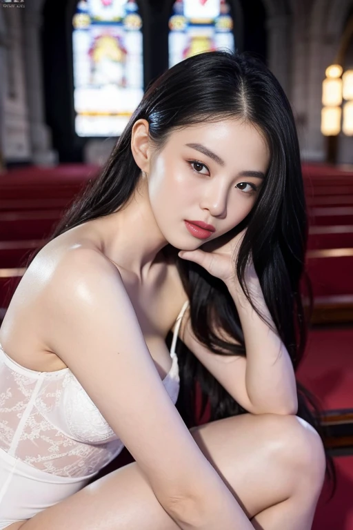 , (Mature body), Solitary,Long gray hair,black hair color, Off-shoulder, black eyes,1 Sister,A sexy pose,best quality,masterpiece,Lighting,Extremely exquisite and beautiful,CG,Unite,8k wallpaper,Astonishing,detailed,masterpiece,Official Art,The content is very detailed Cg Unite 8k wallpaper,Extremely ridiculous,Huge file size,ultra - detailed,high resolution,The content is very detailed,Beautiful and delicate girl,Practical,full,Inside the church,Light Contrast, Lopez, Full body image, full, White under underwear