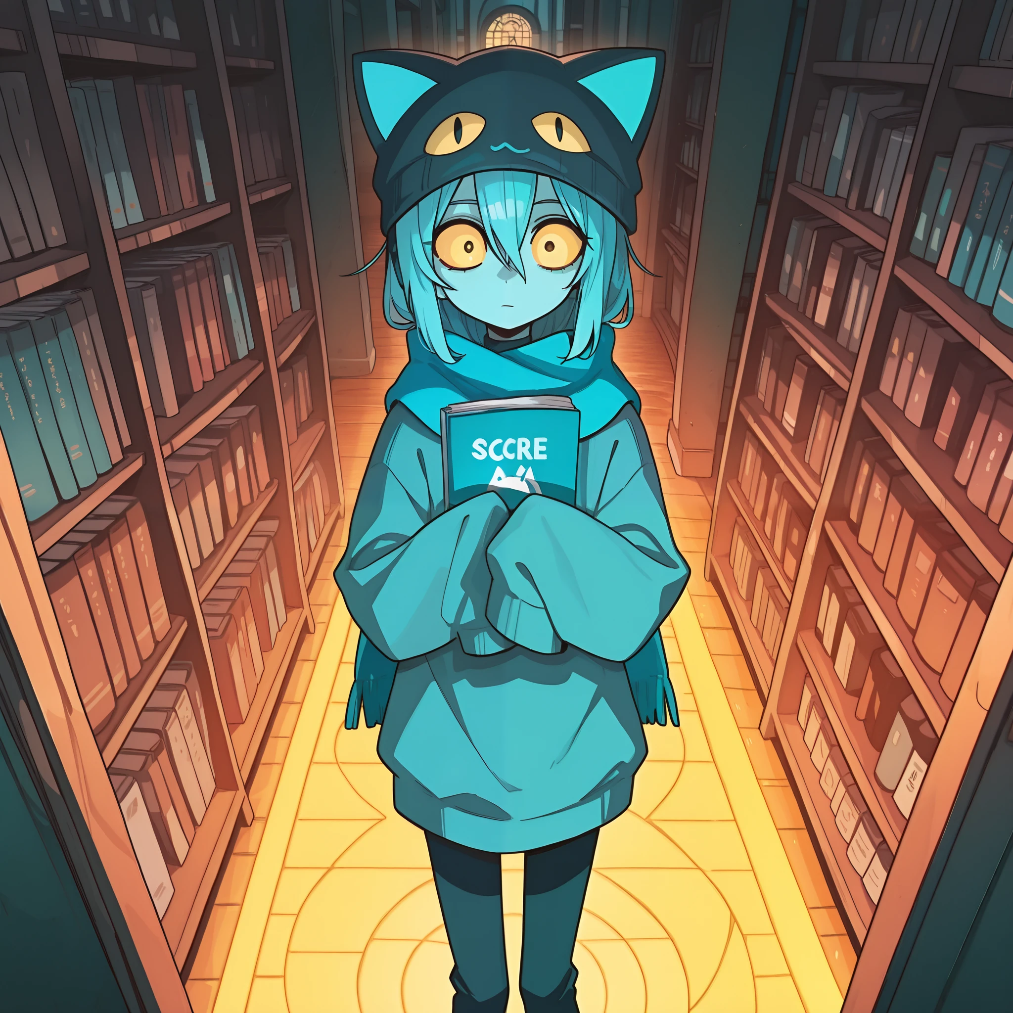 masterpiece, best quality, amazing quality, very aesthetic, high resolution, ultra-detailed, absurdres, newest, Anime screencap, highly detailed, high quality, hyper-Detailed, mistico_IL. BREAK. 1girl, scarf, blue scarf, blue hair, androgynous, sleeves past wrists, solo, other focus, glowing, sleeves past fingers, holding, animal ears, long sleeves, book, holding book, cat hat, animal hat, hair between eyes, pants, closed mouth, hat, colored sclera, oversized clothes, yellow eyes, fake animal ears, cat ears, yellow sclera
