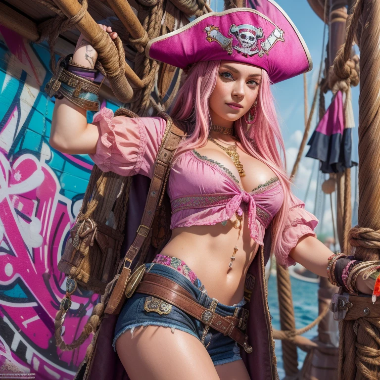 Female pirate、Levante uma perna bem alto como uma bailarina、Um cabelo escuro、Desenhos animados sensuais、、Comic book style