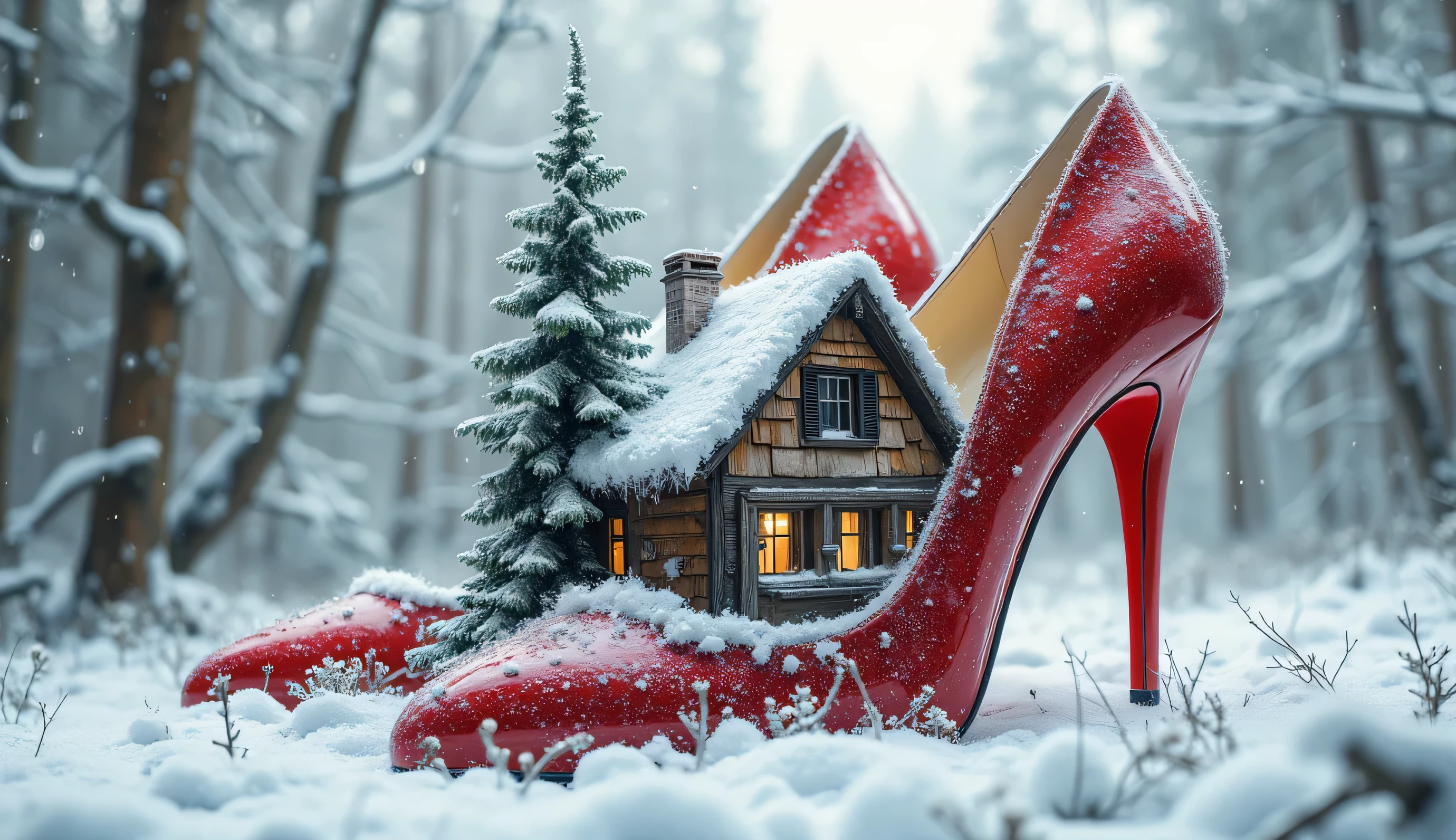   Multiple Exposures  ,   On a pair of charming transparent women's high-heeled Louboutin shoes， The shoes are a cottage with a snow-covered roof , there is a three-dimensional 3d miniature in the winter forest:    Large fir tree with shoes   ,   Louboutin shoes   ,    three-dimensional landscape on the shoes - the cottage is located in a white winter forest   ,   three-dimensional ,   high detail,  microscopic world ,  surrealism