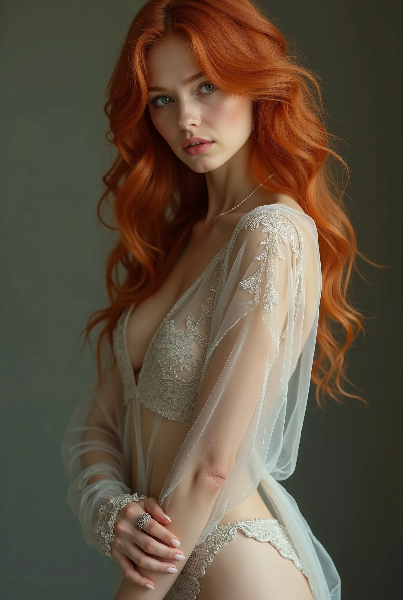 Young woman in transparent clothing redhead,full body