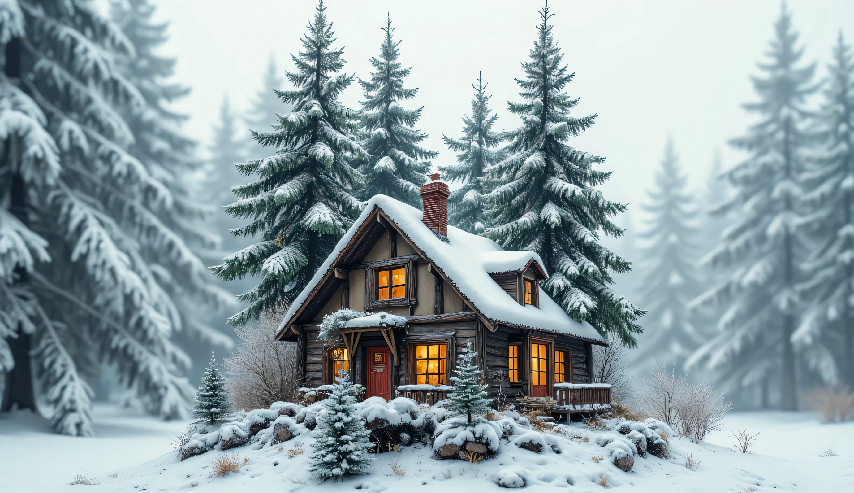 Multiple Exposures , On a pair of charming transparent women's high-heeled Louboutin shoes, The shoes are a cottage with a snow-covered roof , there is a three-dimensional 3d miniature in the winter forest: Large fir tree with shoes , Louboutin shoes , three-dimensional landscape on the shoes - the cottage is located in a white winter forest , three-dimensional , high detail, microscopic world , surrealism