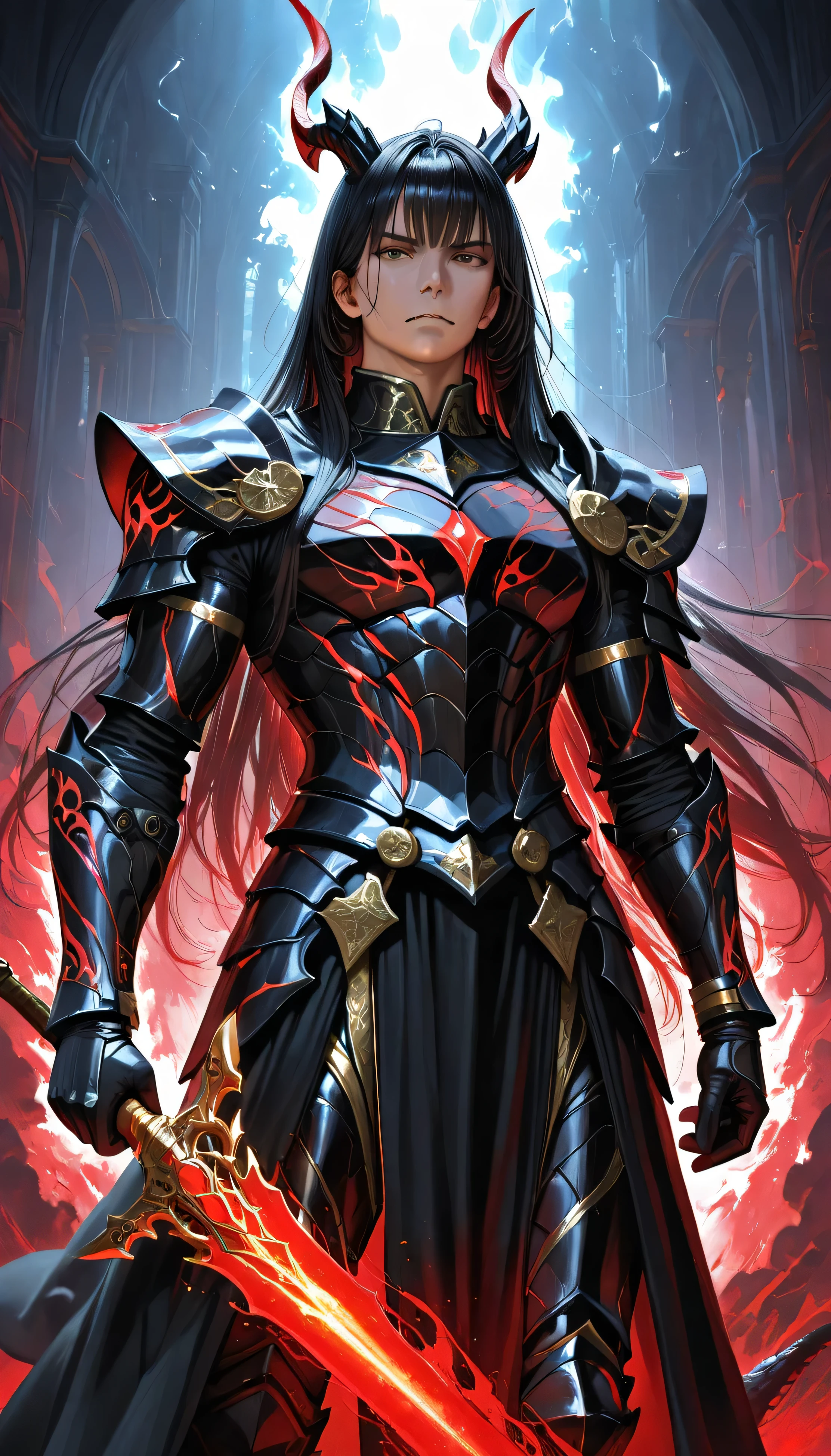 ((Black Dragon Horns)), ((handsome male)), ((long black silky hair)), (A towering dark knight clad in jagged, intricately designed black armor with golden accents, holding a massive, glowing blood red sword that emits a faint aura of energy, standing against a desolate battlefield with swirling ash and faint light breaking through the clouds), (hyper-realistic metal textures, glowing sword effects, dramatic lighting and shadows), epic and powerful atmosphere.