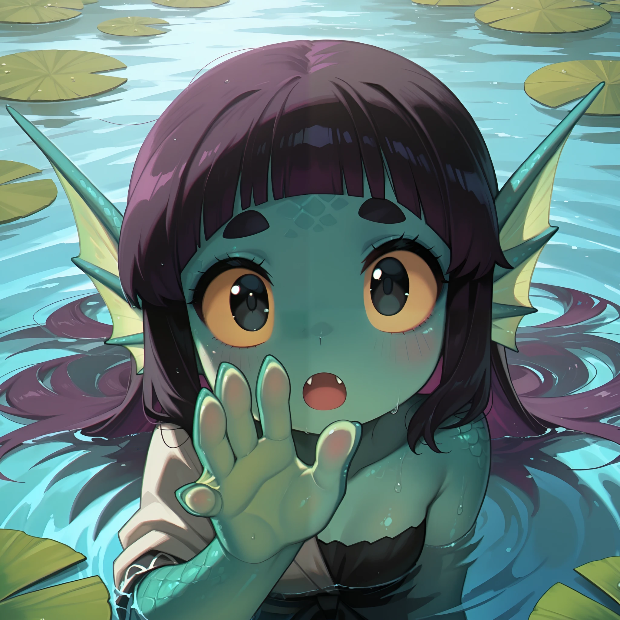 masterpiece, best quality, amazing quality, very aesthetic, high resolution, ultra-detailed, absurdres, newest, Anime screencap, highly detailed, high quality, hyper-Detailed, mistico_IL. BREAK. solo, 1girl, water, colored skin, long hair, lily pad, fins, open mouth, colored sclera, head fins, hand up, green skin, partially submerged, single bare shoulder, black hair, flower, looking at viewer, fangs, monster girl, outdoors, scales, black eyes, thick eyebrows, webbed hands, purple hair