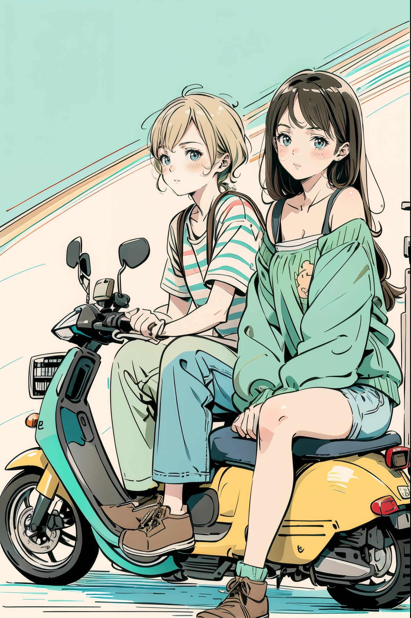 beautiful anime-style illustrations . A brown-striped cat is sleeping on a pale blue scooter seat. A blonde woman is crouching beside her scooter , Staring at the cat. The woman is wearing a green off-shoulder top , Denim shorts and brown boots. background is pale blue , It gives the illustration a simple and clean impression . The overall color scheme is soft , Creates a warm atmosphere .