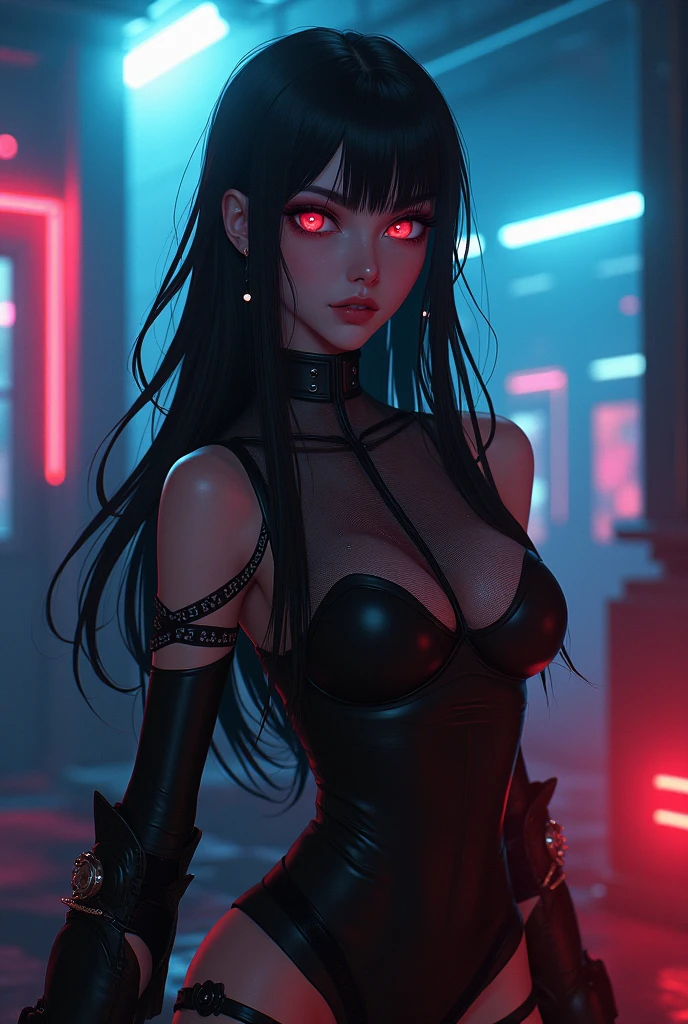 anime milf, beautiful long black straight hair, dark red eyes, big breasts in a skintight pilot suit, beautiful detailed eyes, beautiful detailed lips, extremely detailed eyes and face, long eyelashes, realistic, photorealistic, photo-realistic:1.37, best quality,4k,8k,highres,masterpiece:1.2,ultra-detailed, realistic pilot suit, dynamic pose, dramatic lighting, cinematic composition, mecha background, sci-fi atmosphere, vibrant colors, dramatic colors, dark and intense