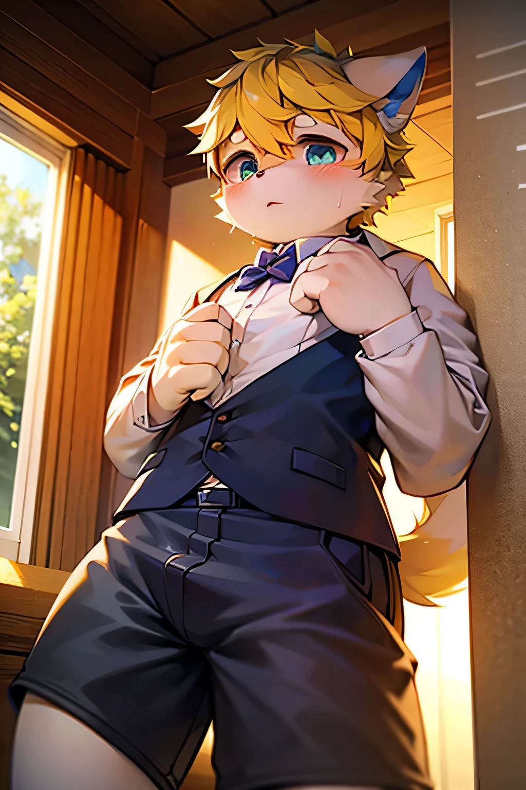score_9, score_8_up, score_7_up, source_anime, BREAK by ikuchan kaoru, iku, clean color, flat color, 1boy, solo, french maid, maid outfit, bulge, femboy, Fullmetal alchemist, Edward elric, short hair, erectionz erect bulge, indoors, fancy, mansion, baroque, bookshelf, ass, front view