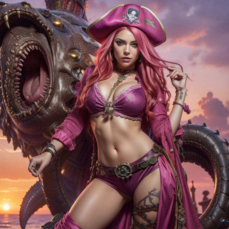photograph of kndahart, a sexy sinister (pirate:1.3) babe, cleavage, (sailing on the galactic aurora borealis), (natural skin texture, highly detailed face), sailorpunk, piratecore, hyperrealism, best quality, absurdres, sharp focus, by arny freytag