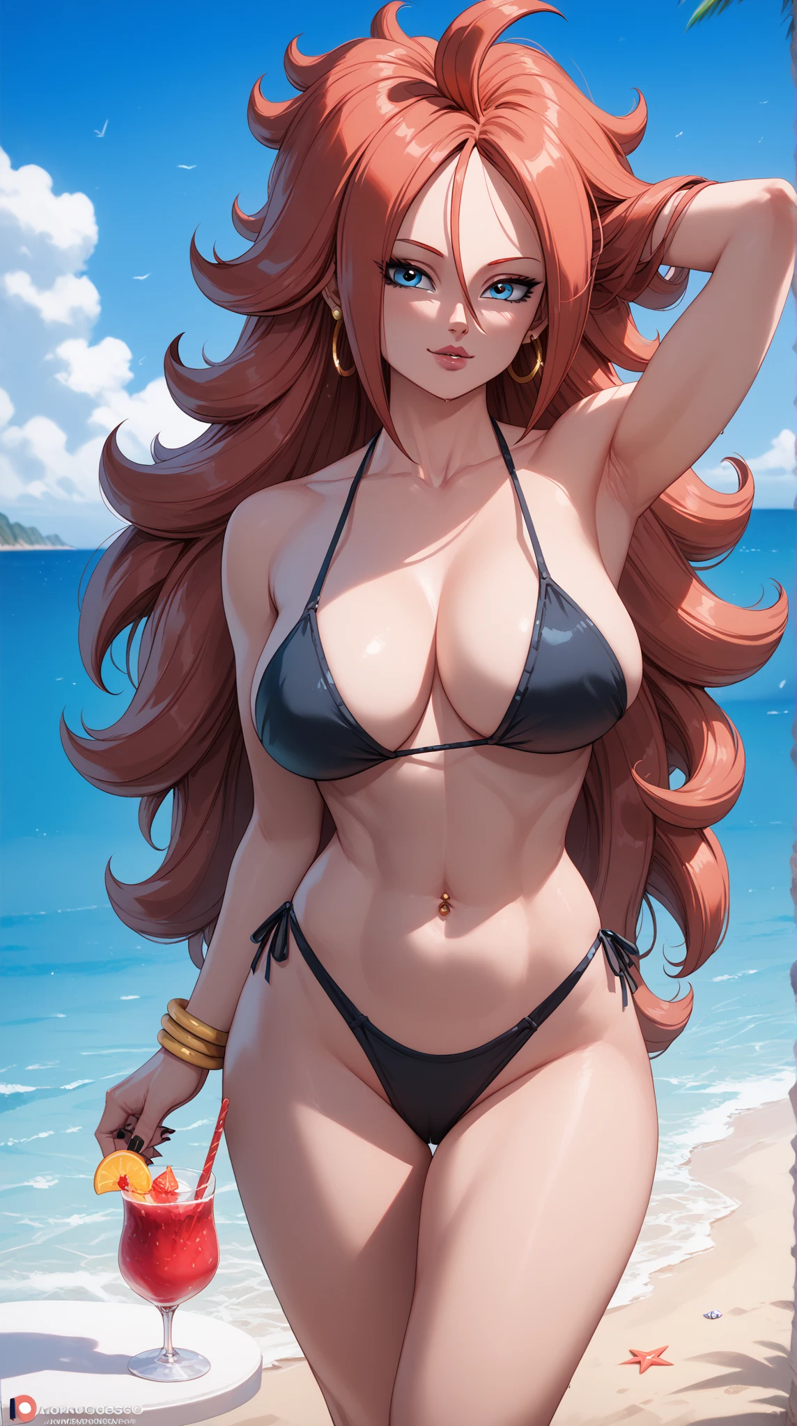 masterpiece, best quality,1girl, ((young girl)), ((large round magical green eyes)), shiny skin, (thin waist), ( long hair, very curlly, long red hair), ((curvy)), ((wide hips)), ((hoop earrings)), ((very small boobs)) , ((( yellow full Swimsuit))), hot, soft natural lighting, reflections, bright illuminations