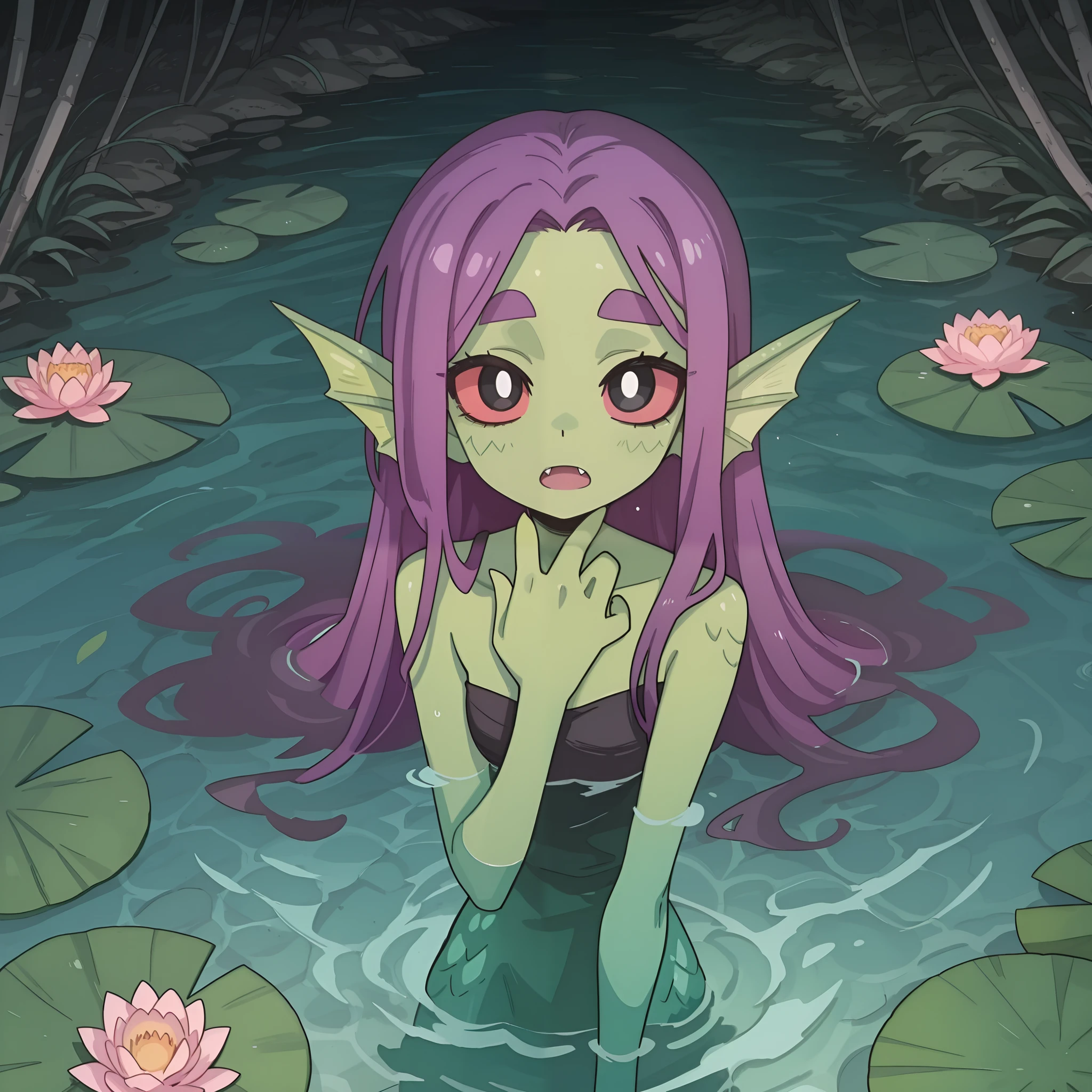 masterpiece, best quality, amazing quality, very aesthetic, high resolution, ultra-detailed, absurdres, newest, Anime screencap, highly detailed, high quality, hyper-Detailed, mistico_IL. BREAK. solo, 1girl, water, colored skin, long hair, lily pad, fins, open mouth, colored sclera, head fins, hand up, green skin, partially submerged, single bare shoulder, black hair, flower, looking at viewer, fangs, monster girl, outdoors, scales, black eyes, thick eyebrows, webbed hands, purple hair