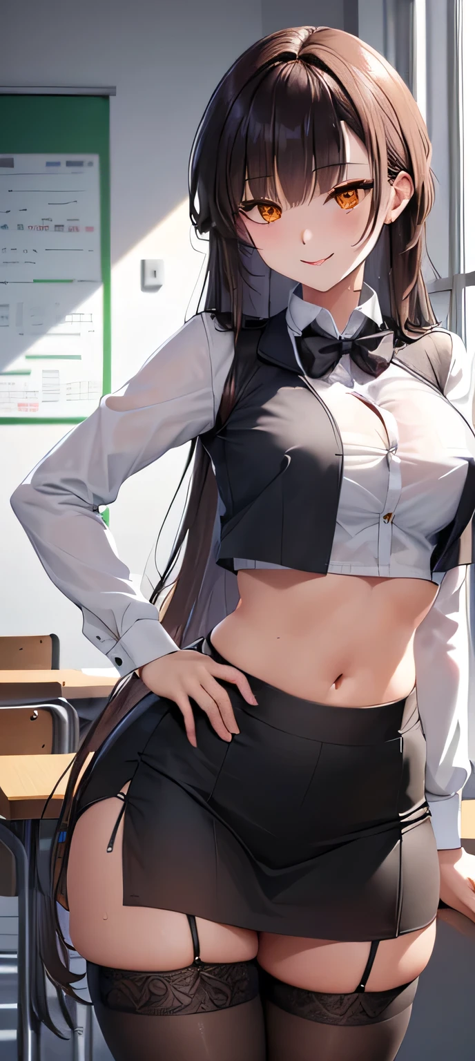 marciana, golden brown eyes, very long hair, alluringly smile, plain crop top white button shirt , see through button shirt, long sleeves, black mini skirt , stocking hose , E cup breasts, bewitched thighs, slender waist, plumb butt
BREAK daylight ,alone, classroom
BREAK sweaty , looking at viewer, standing, elegant pose poses
BREAK (masterpiece:1.2), best quality, high resolution, unity 8k wallpaper, (illustration:0.8), (beautiful detailed eyes:1.6), extremely detailed face, perfect lighting, extremely detailed CG, (perfect hands, perfect anatomy),