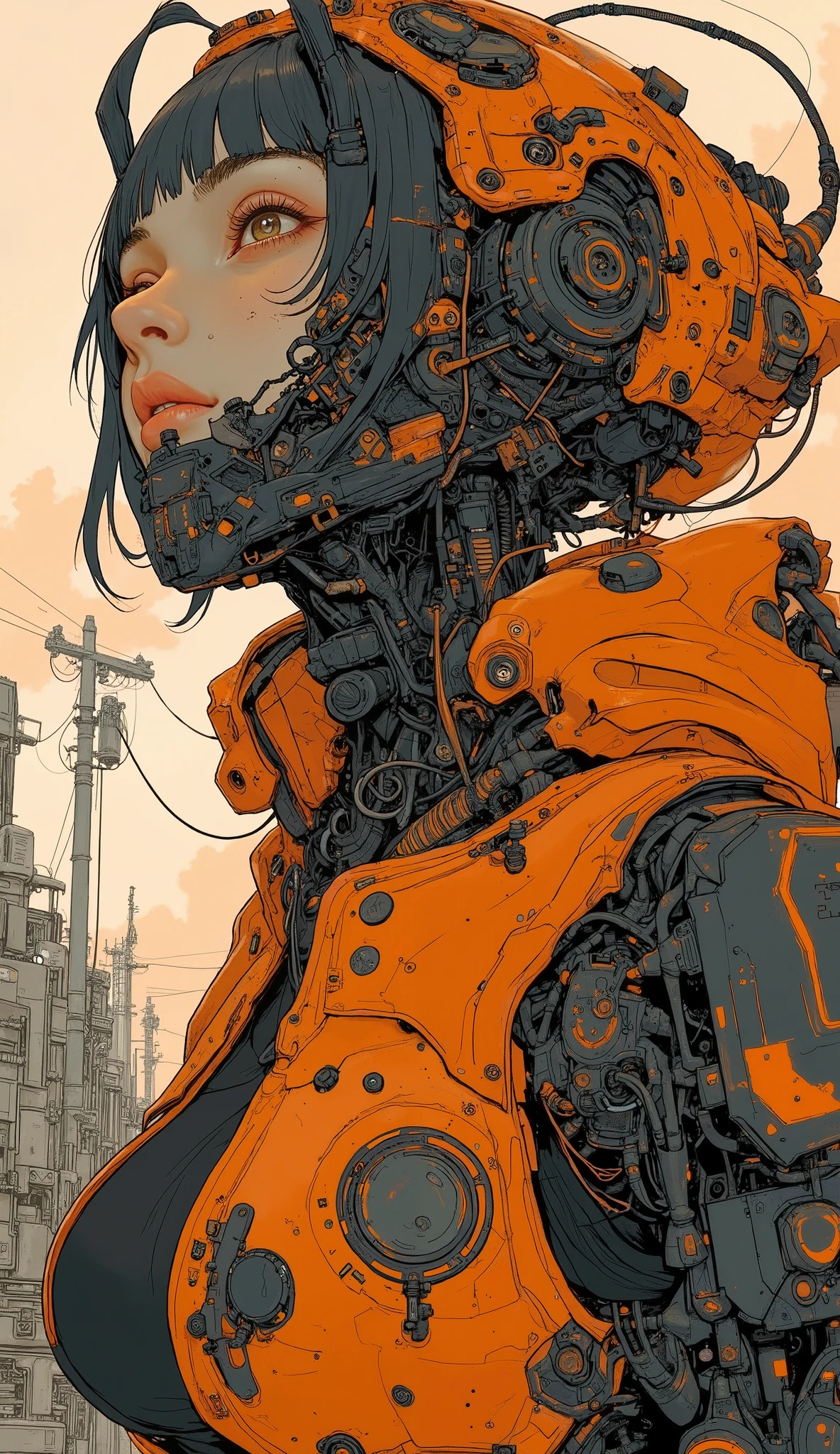 Close up of a robot with a big orange and black body,  concept art ： Krenz Kshart ,  PIXIV CONTEST WINNERS,  what is it ？, Organic to the anime robot , Anime Mecha Aesthetics , Female Mecha,  Cool Mecha Style , Mecha Cyber Armored Girl , Anime Mecha Armor,  Cyberpunk Anime Girl Mecha, Anime large mecha robot 
