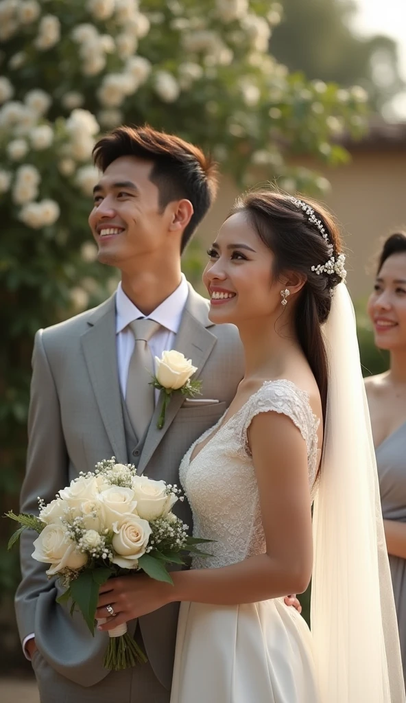 Photograph in a casual real pinoy couple wedding standing with arounding flowers