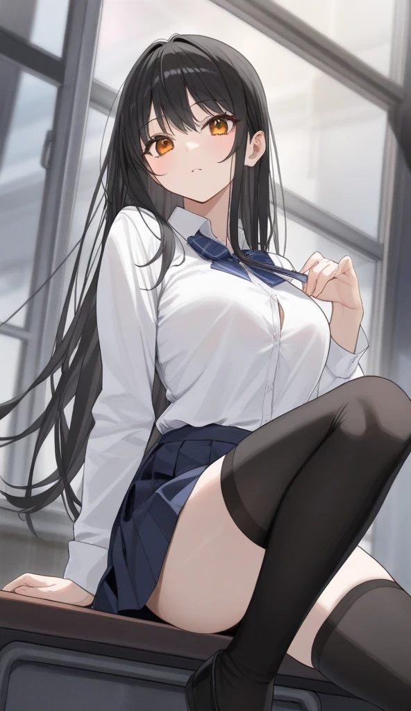 masterpiece, high quality, 8k, official art, nsfw, 1girl, solo, takamine_takane, red eyes, black hair, long hair, <lora:takamine_takane_lora_ver2:0.7>, smug smile, smug, no blush, d cup breasts, broad shoulders, narrow waist, hair ribbon, absurdress, necktie, school uniform, white shirt, collared shirt , collarbones, navel, short sleeves, pleated skirt, lifted skirt, classroom, sun rays, back light, soft light, <lora:undressing_panties_v0.1:1.5> , undressing, (panty pull:1.5), (black lace panties:1.2), leaning forward, bent over, pulled by self, clothes pull, from front