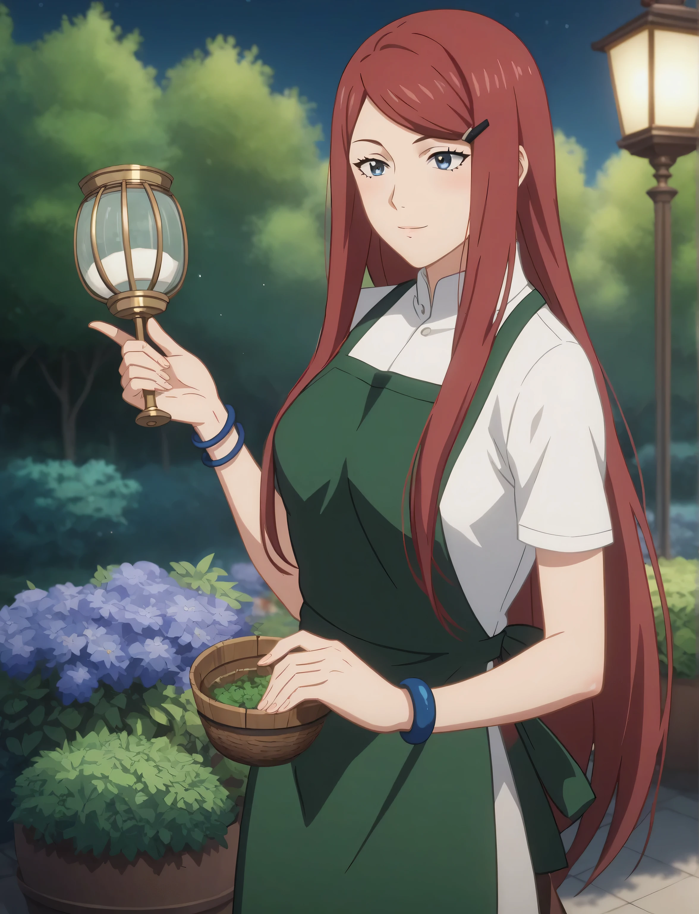 masterpiece, best quality, anime screenscap, kushina uzumaki, long hair, red hair, swept bangs, blue eyes, ((mature female, sexy body, flat breasts)), hairclip, white shirt, short sleeves, apron, blue bracelet, green apron, natural shading, lighting, perfect fingers, perfect body, beautiful, outdoors, garden, night, holding a lantern,