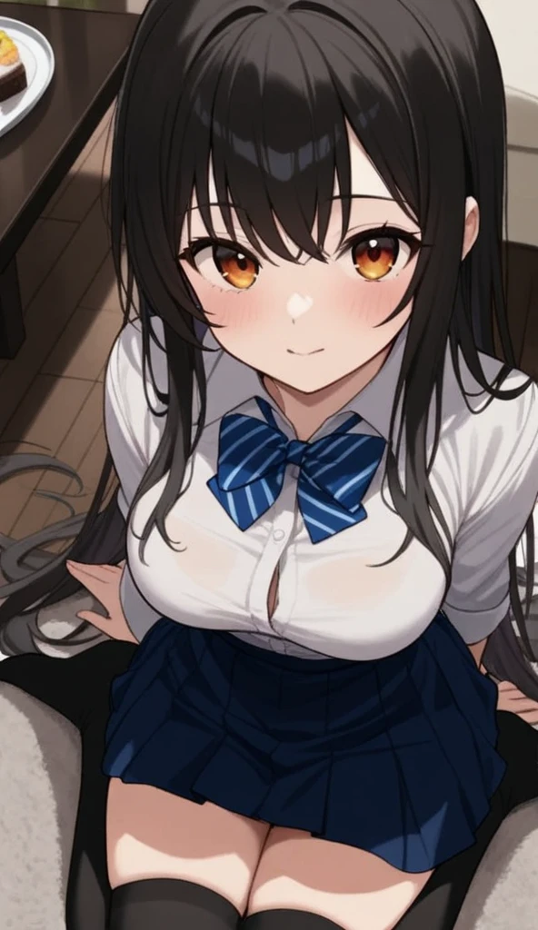(masterpiece, best quality:1.2),illustration,8k,hd,1girl,solo,upper body,(portrait:1.2),fudou akio (trinity seven),very long hair,very long skirt,black skirt,pleated skirt,black hair,brown eyes,dress shirt,white shirt,cleavage,large breasts,navel,no socks,black shoes,open shirt,smile,navel,hair ribbon,<lora:Akio Fudo>,