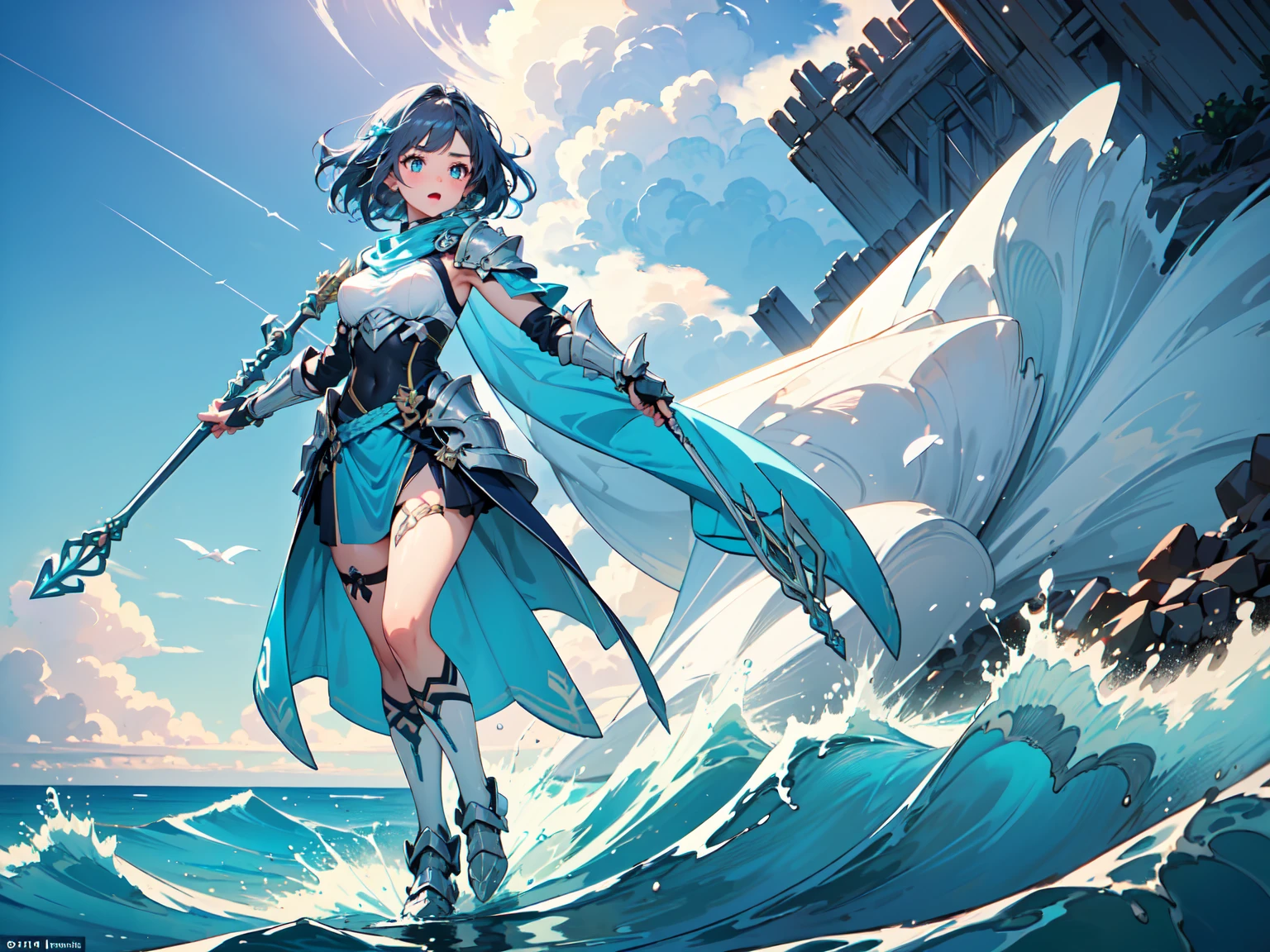 an animated character is in the background of a video game screener and an image of a girl in an with a sword on her shoulder and her breasts spread out