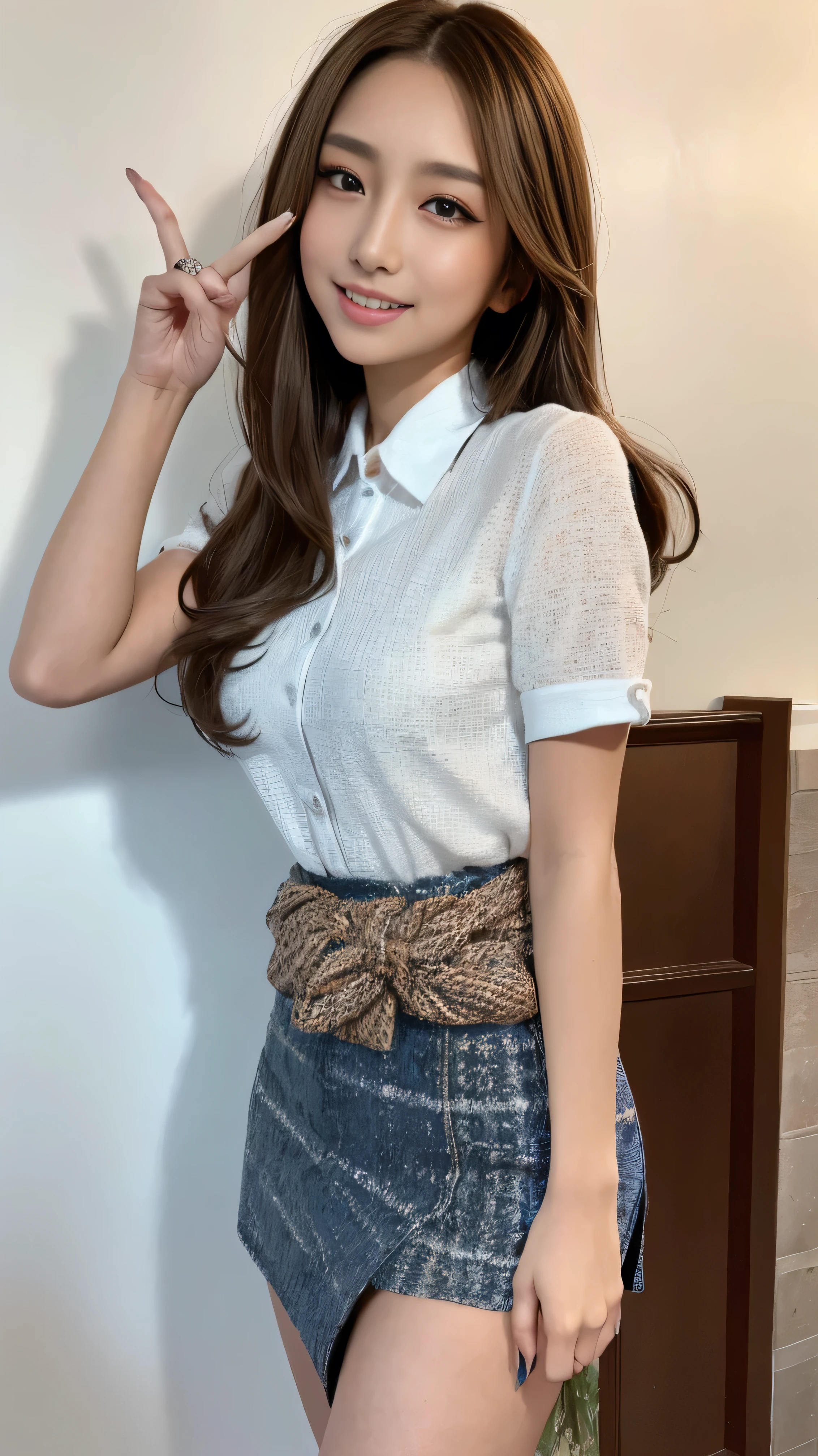 masterpiece, best quality, 4K, ultra-detailed, photorealistic, (1 girl), ((arms at sides)), (full body), (A fascinating eye for perfect detail:1.2), (smile), ((center parted hair)), (medium brown hair), ((white collared shirt)), (denim shorts), (black belt with gold buckle), (standing), (front view)