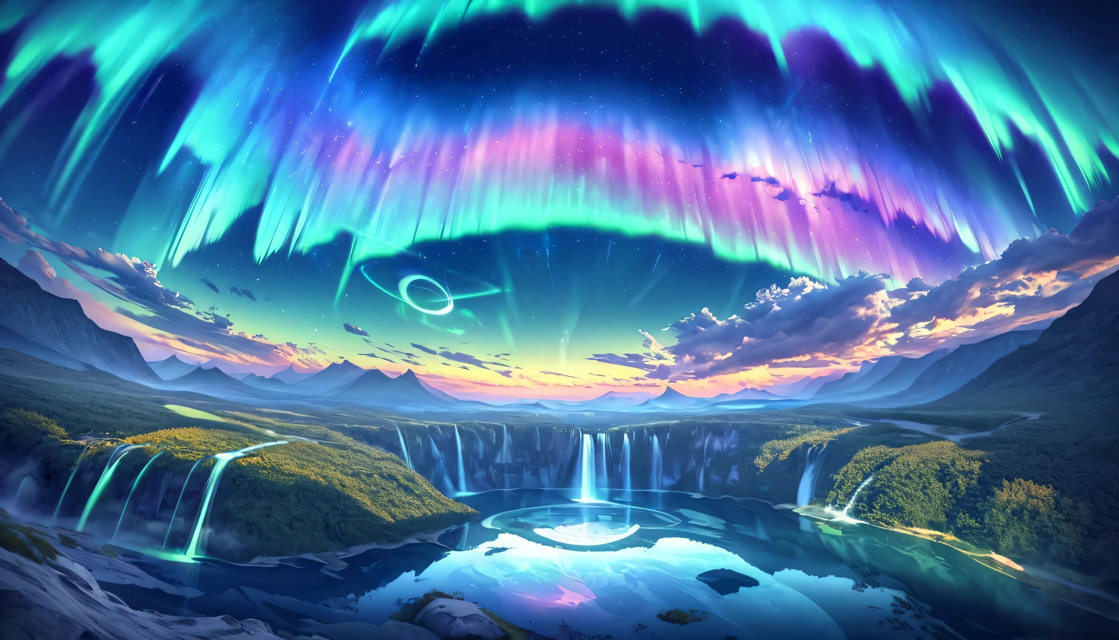 Heaven, colorful ,Dreamy fantasy landscapes,Etentremely Coloured Scenery, cloud, light piercing through the cloud,Spectacular and majestic scenery, Photographed using a fisheye lens , Large planets and auroras visible in the sky,Multiple beautiful waterfalls,Water reflection, Peaceful waterfall ,flower々, Quiet atmosphere, Rich in details, Surreal beauty , Magic halo , Fantasy Landscape , High quality digital art , bright colors , Amazing lighting , fascinating scene , Artistic Etenpression, Another-worldly feel, Exquisite brushstrokes, Magnificent views, Serene and Peaceful , ten} Immersive Etenperience , Breathtaking views , Picturesque view , Mysterious charm , Mysterious Atmosphere , Nuances, Magical dreams . No one showed up ,